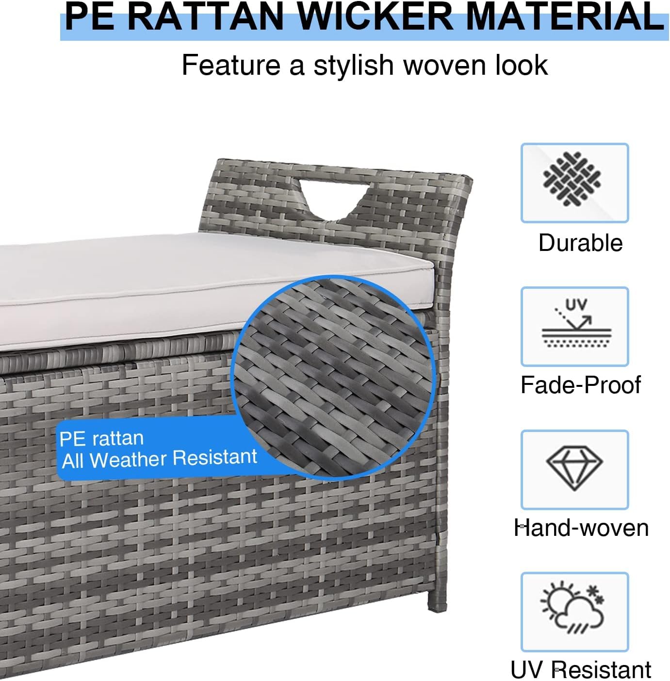 Pvillez PE Rattan Outdoor Storage Bench with Comfy Beige Seat Cushion - 33 Gallon Grey Wicker Deck Storage Box for Patio, Porch, Garden, Balcony - Perfect for Storing Yard Tools, Pool Toys & Outdoor Cushions | Weather-Resistant & Space-Saving Solution