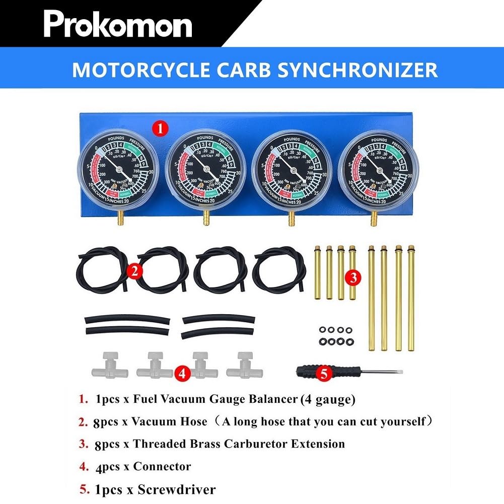 Prokomon 4-Gauge Motorcycle Carburetor Synchronizer Tool - Vacuum Carb Sync Tool for 2 & 4 Cylinder Engines - Perfect for Motorcycle Maintenance & Performance Tuning
