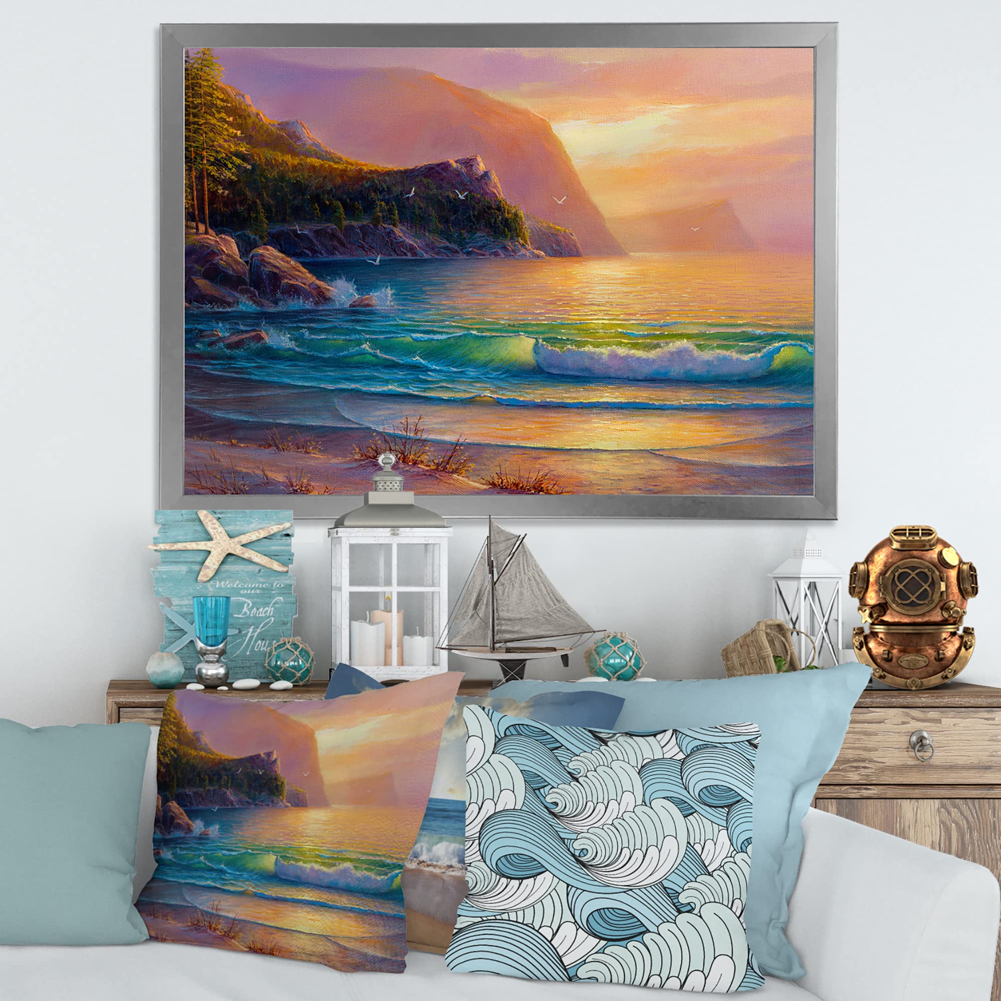 Romantic Beach Sunset Nautical Coastal Framed Wall Art - Perfect for Living Room, Bedroom & Beach House Decor