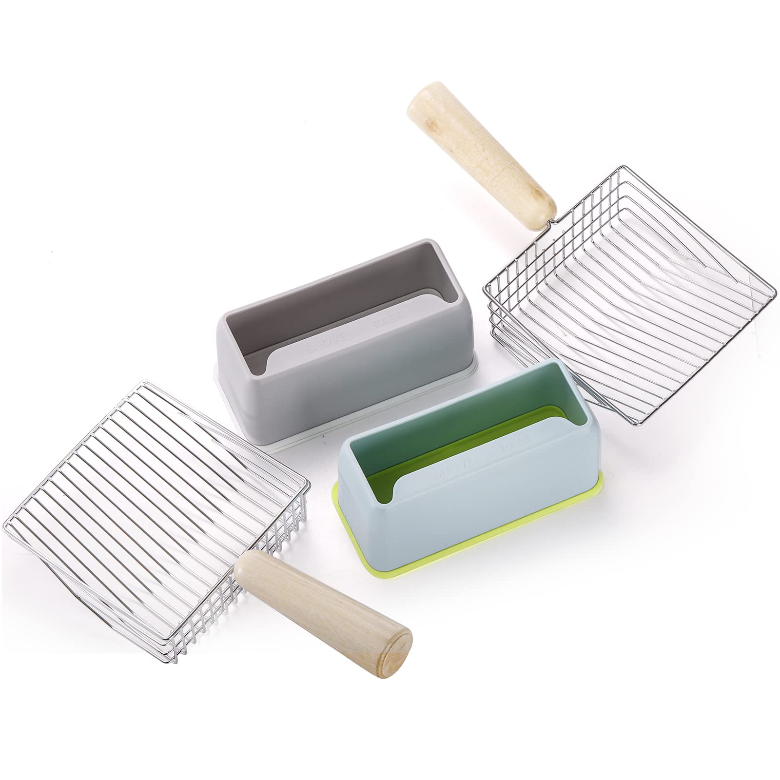 Premium Set of 2 Metal Cat Litter Scoops with Wooden Handle & Holder - Durable Kitty Waste Scooper for Fast Sifting - Gray & Blue Design - Perfect for Litter Box Cleaning & Multi-Cat Households