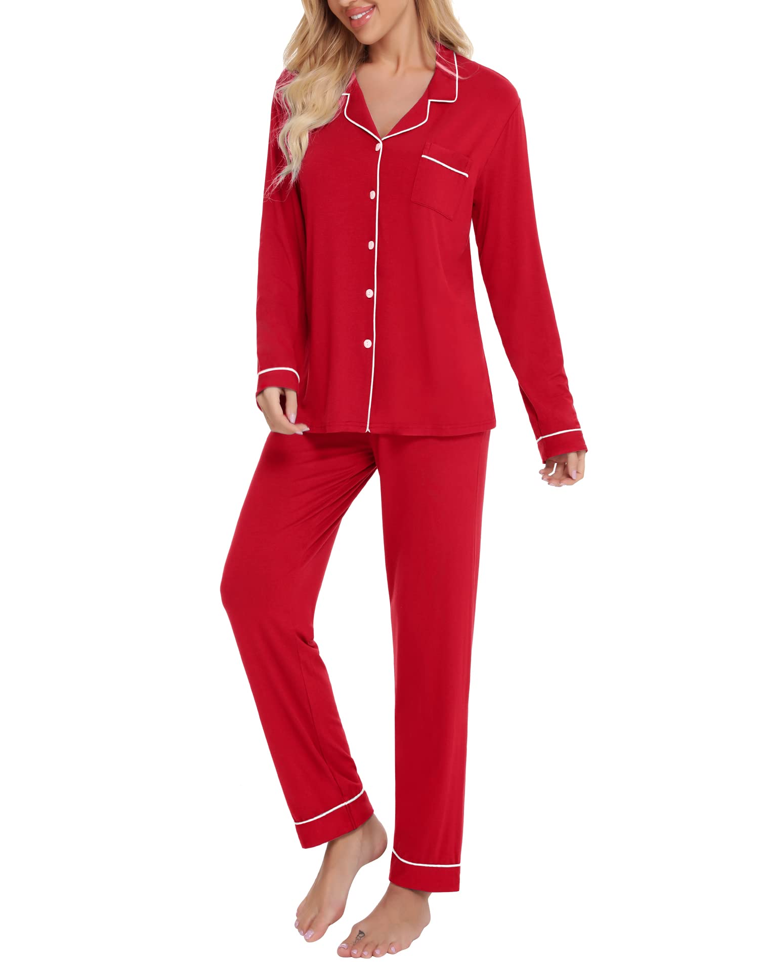 SWOMOG Women's Cotton Pajama Set - Long Sleeve Button Down Sleepwear & Lounge Outfit - Soft Comfy Nightwear for Relaxing at Home or Sleepovers