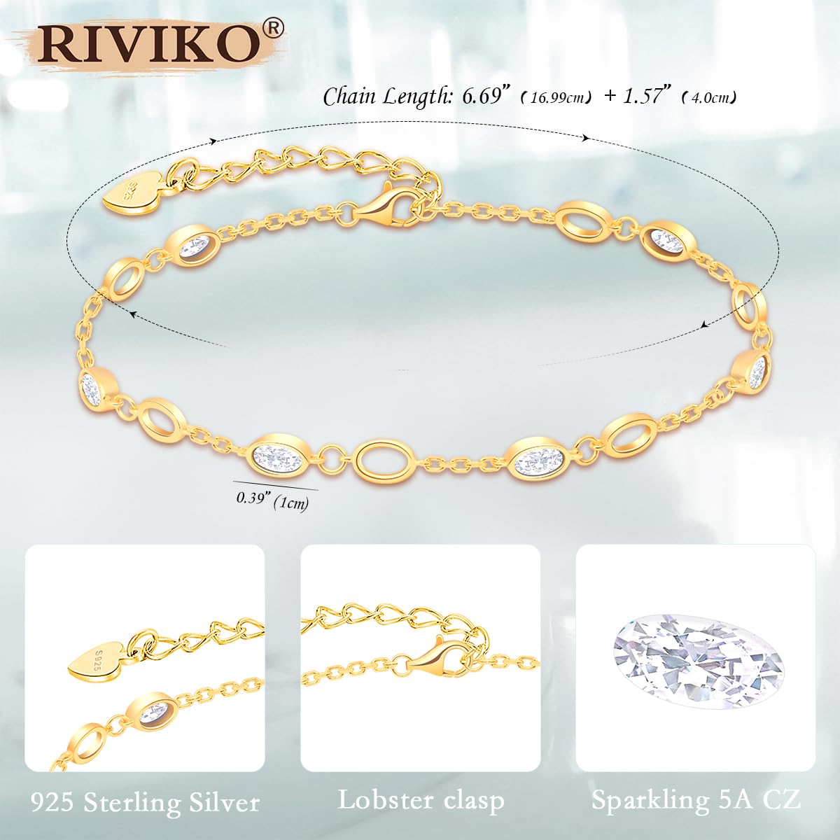RIVIKO 925 Sterling Silver Gold Plated Birthstone Bracelet for Women - Adjustable Dainty Charm Link Bracelet, Anniversary Valentine's Christmas Birthday Gift for Her, Mom, Wife, Friend - Perfect for Everyday Wear, Special Occasions & Gift Giving