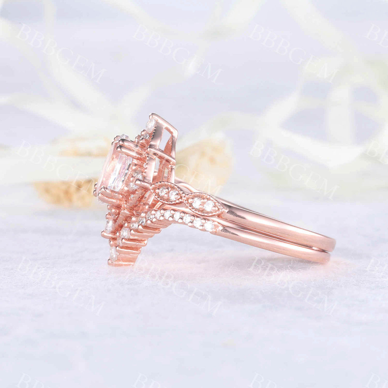 Antique Art Deco Moonstone Engagement Ring Set in Rose Gold - Oval Faceted Moonstone with Milgrain Detailing for Bridal & Wedding Jewelry | Perfect for Vintage-Inspired Proposals & Anniversary Gifts