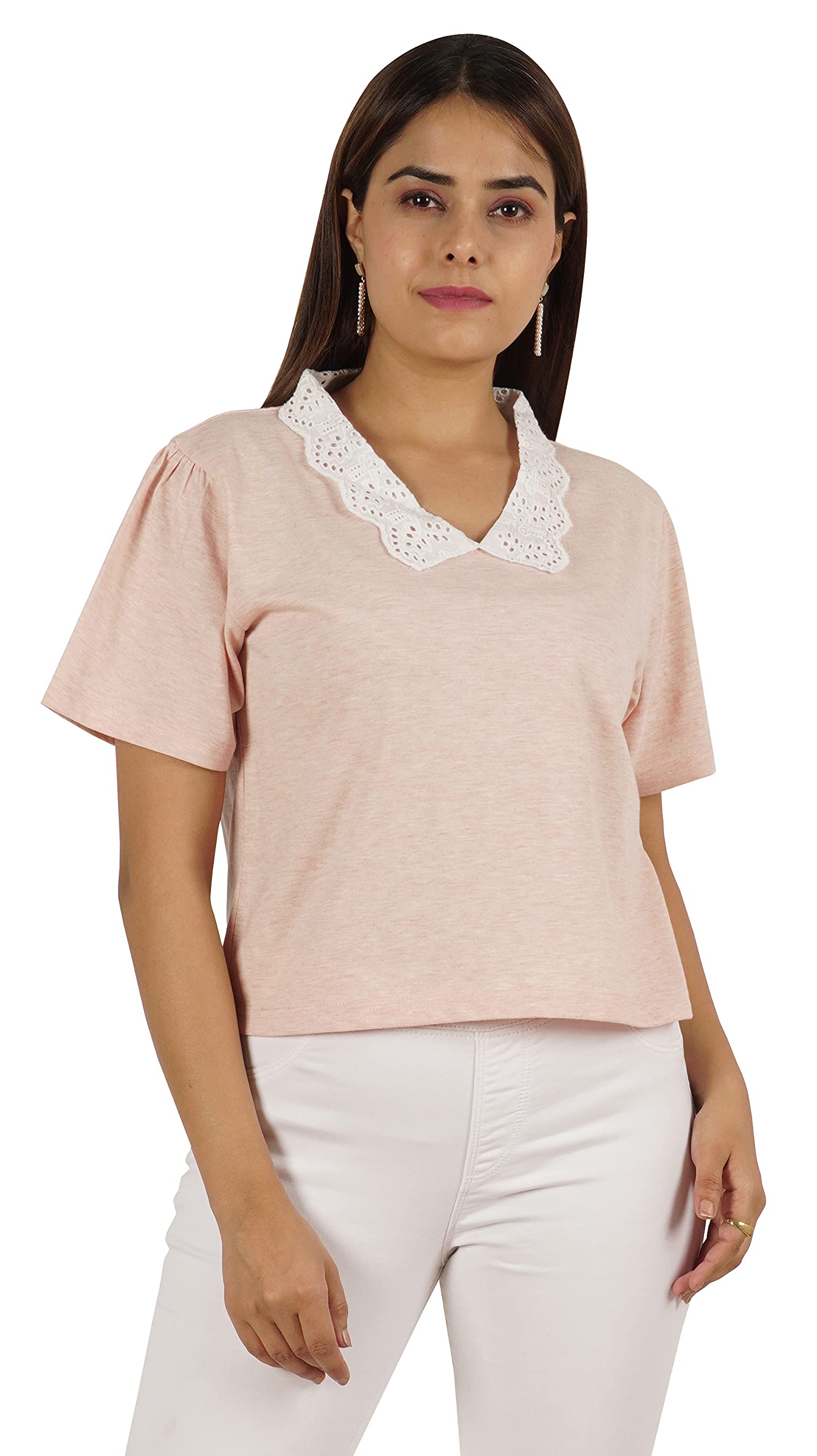 Women's Peter Pan Lace Collar Casual T-Shirt - Soft Jersey Short Sleeve Top for Everyday Wear | Perfect for Office, Dating & Weekend Outfits