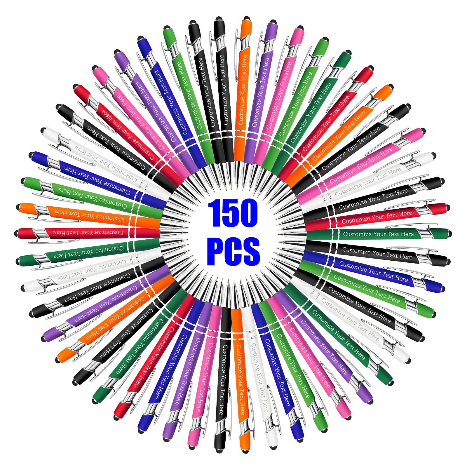 150 Pcs Personalized Custom Pens Bulk - Free Engraving with Name/Message - Custom Ballpoint Pens & Stylus for Business, Office, Graduation Gifts - Ideal for Men, Women, Christmas & Birthday Presents (Assorted Colors) - Perfect for Corporate Events, School Supplies & Promotional Giveaways