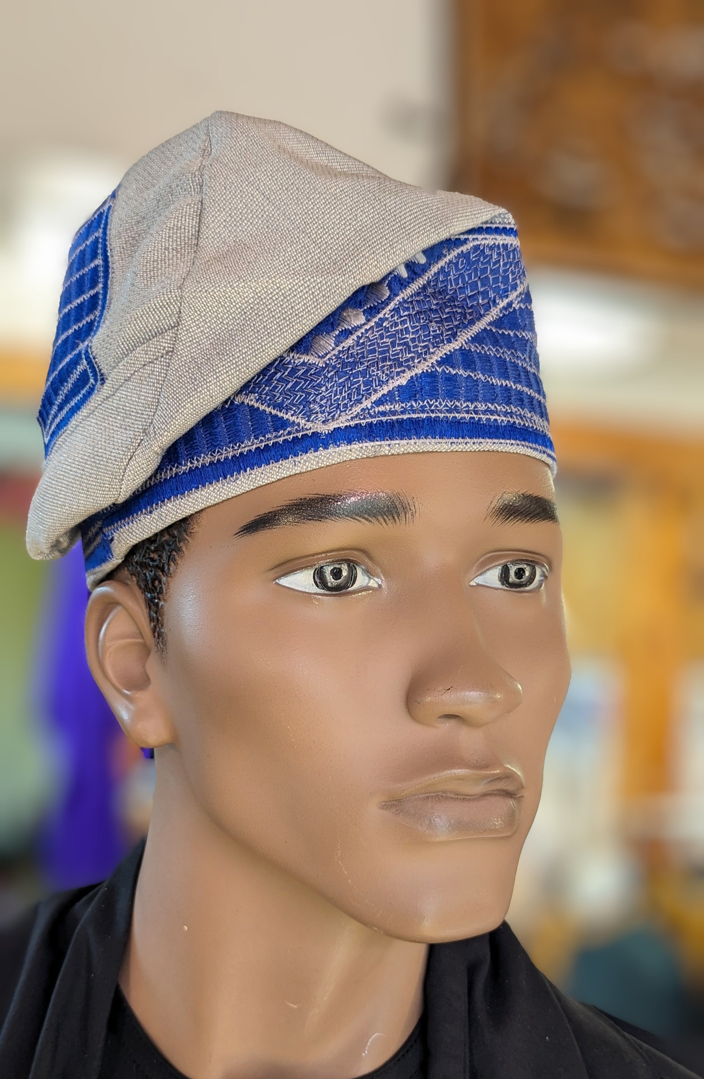 Authentic African Aso Oke Kufi Cap - Silver with Royal Blue Embroidery | Traditional Nigerian Hat for Men | Perfect for Weddings, Cultural Events & Special Occasions
