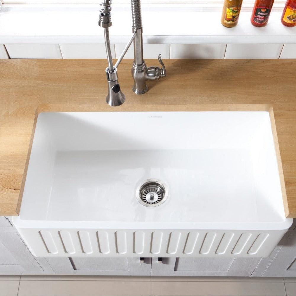Kingston Brass 33-inch Matte White Farmhouse Apron Front Kitchen Sink - Solid Surface Single Bowl for Modern & Rustic Kitchens | Perfect for Cooking, Washing & Entertaining