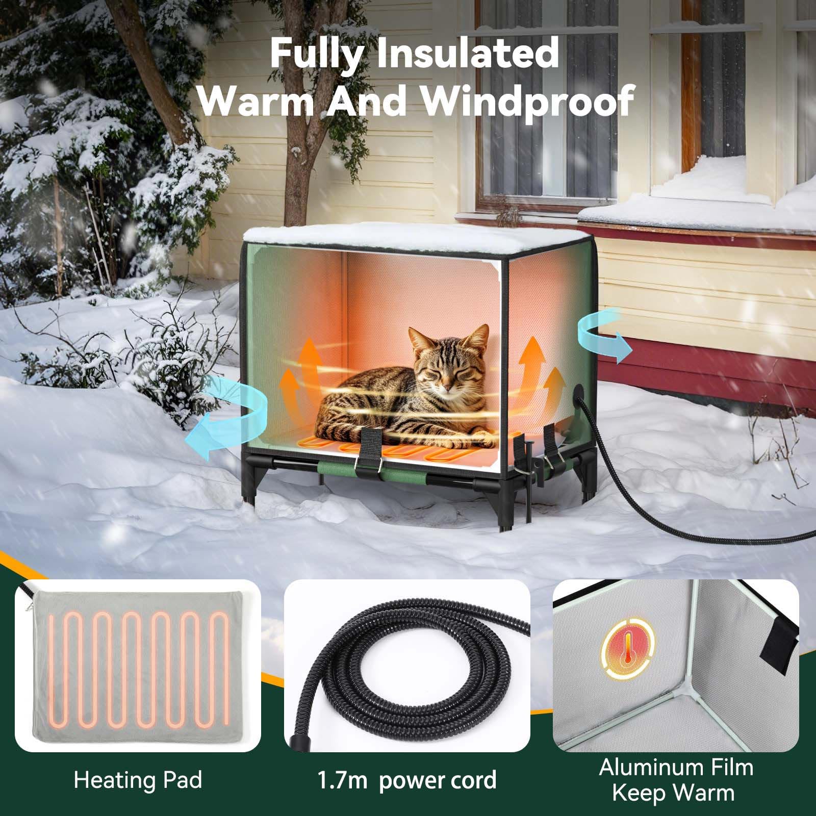 Pawaboo Heated Cat House for Outdoor Winter Use - 100% Waterproof, Insulated Shelter with Heater for Feral & Barn Cats - Weatherproof Design with Elevated Base & Awning - Perfect for Cold Weather Protection in Backyards, Garages & Outdoor Spaces