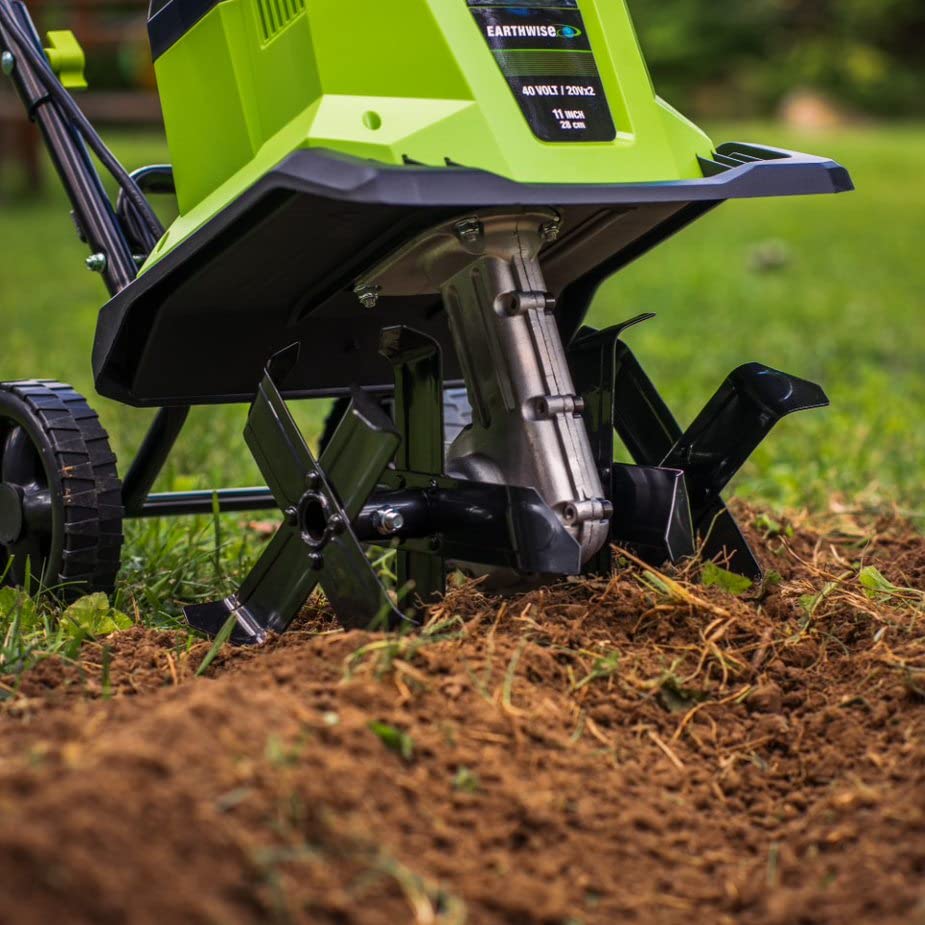 Earthwise ALM TC722011 11-Inch 20V Cordless Electric Garden Tiller Cultivator with 2x4Ah Batteries & Charger - Lightweight Lithium-Ion Power Tool for Soil Cultivation, Weeding & Garden Bed Preparation - Perfect for Home Gardens, Landscaping & Small Farm Use