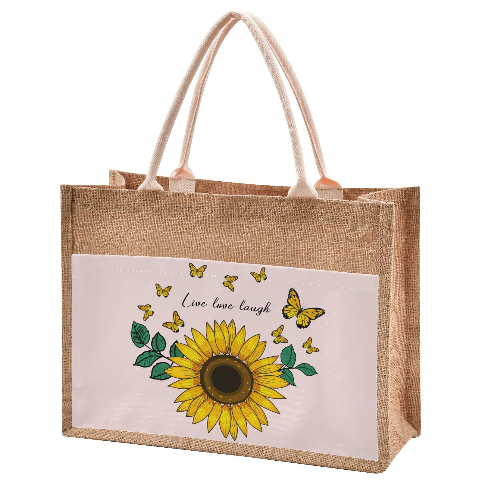 Sunflower Butterfly Jute Tote Bag - Waterproof Eco-Friendly Burlap Straw Grocery Shopping Bag - Perfect for Beach, Travel, Farmers Market & Daily Errands