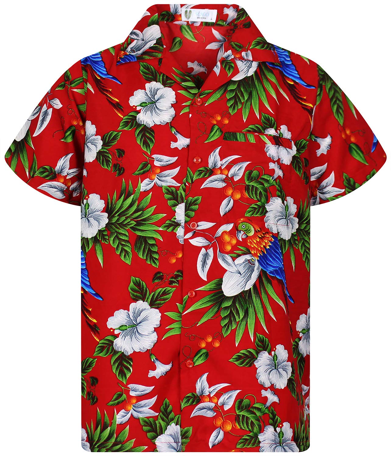 Vibrant Hawaiian Shirt with Tropical Parrot & Cherry Print - Red Aloha Shirt for Men & Women (Size XS) - Perfect for Beach Parties, Summer Vacations & Tropical Getaways