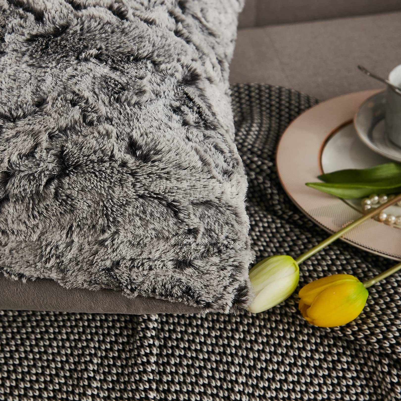 Fluffy Faux Fur Pillow Covers Set of 2 - Ombre Shaggy Plush Mink Velvet Decorative Throw Pillow Cases with Zipper Closure, 20x36 Inches, Dark Grey - Perfect for Sofa, Bed, Couch & Home Decor
