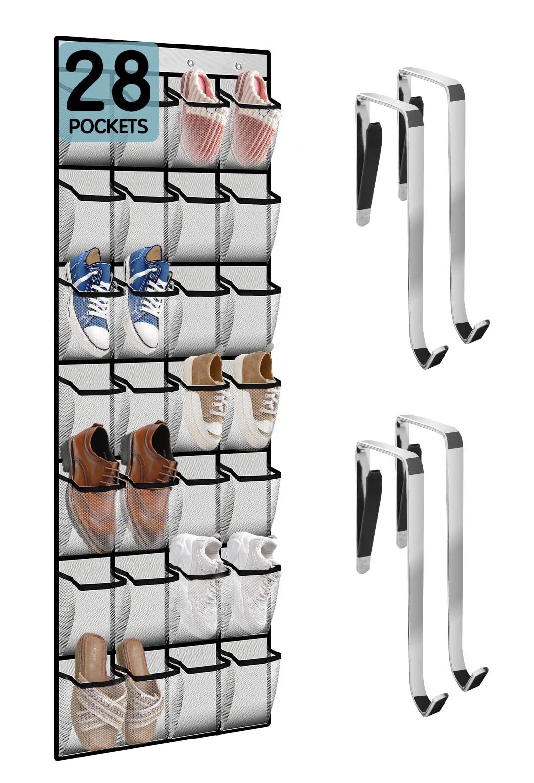 28-Pocket Breathable Mesh Over-The-Door Shoe Organizer for Men & Women - Space-Saving Closet Storage Solution for Sneakers, Heels & Boots | Perfect for Bedrooms, Dorms & Small Apartments (White)