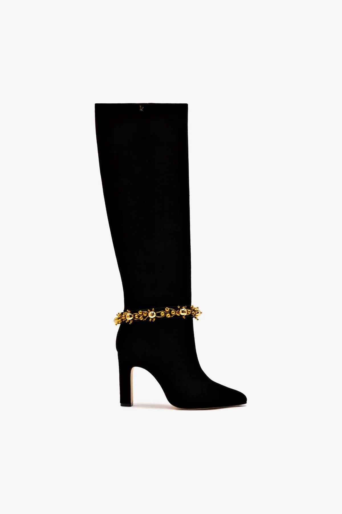 Larroudé x Libertine Black Suede Leather Boots with Gold Ball Decor - Perfect for Evening Parties & Fashion Events