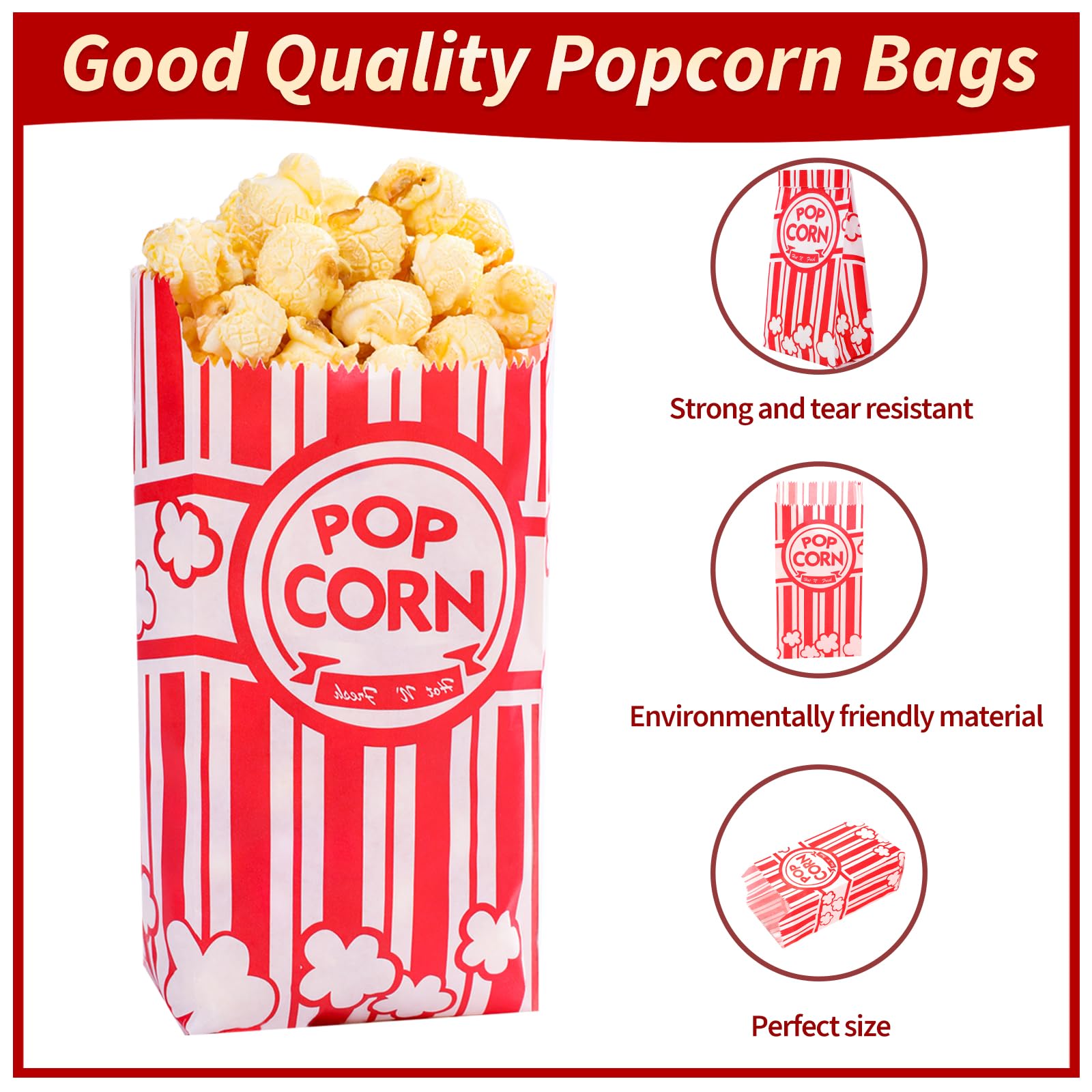 VOISEN 200 Pack 1oz Paper Popcorn Bags - Bulk Individual Serving Popcorn Bags for Popcorn Machines, Movie Nights, Birthday Parties & Carnival Events - Perfect for Concessions, Theaters & Home Use