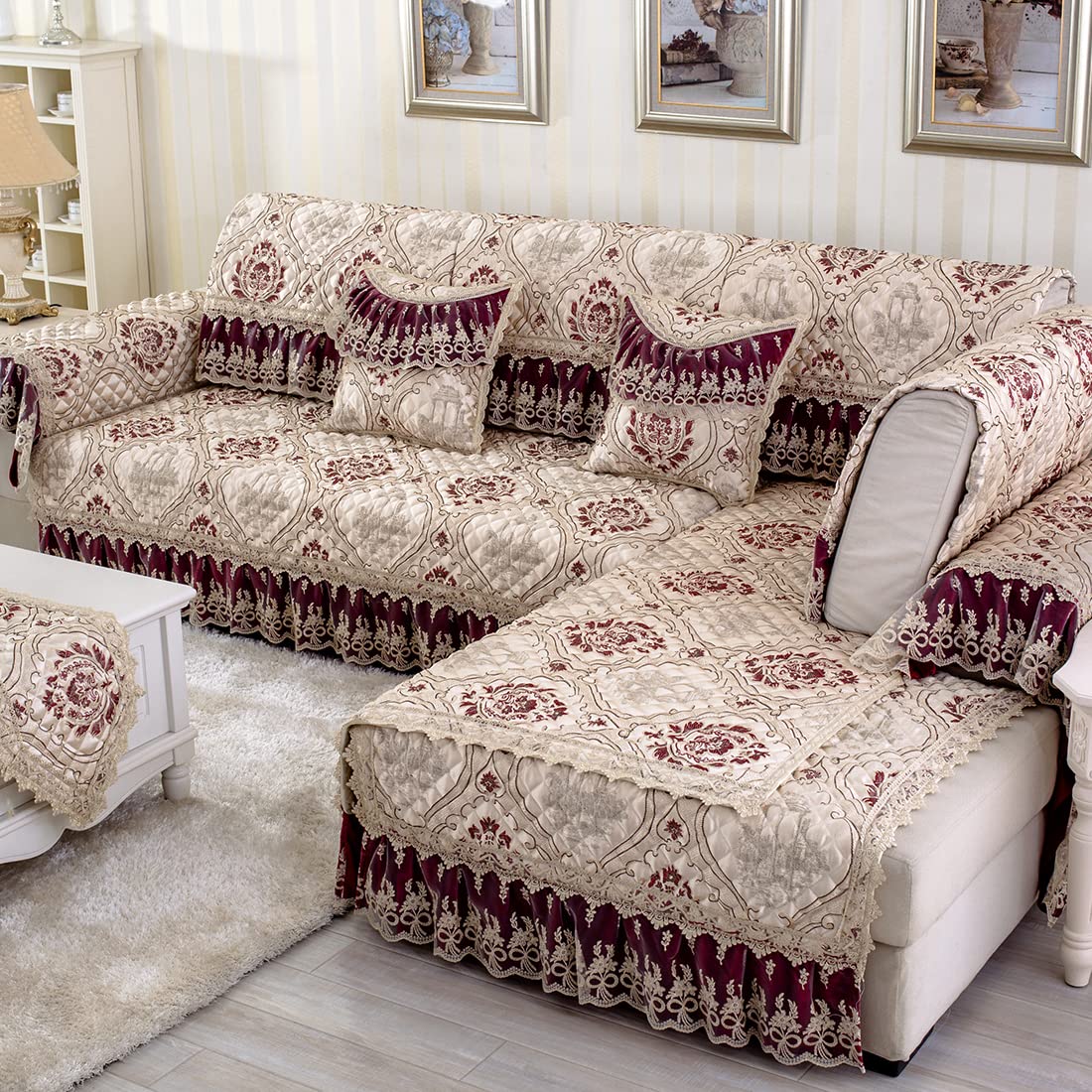 VCTOPS Classic Floral Jacquard Sofa Cover with Lace Ruffles - Luxury Non-Slip Quilted Sectional Couch Slipcover - Furniture Protector for Living Room (Wine Red, 24