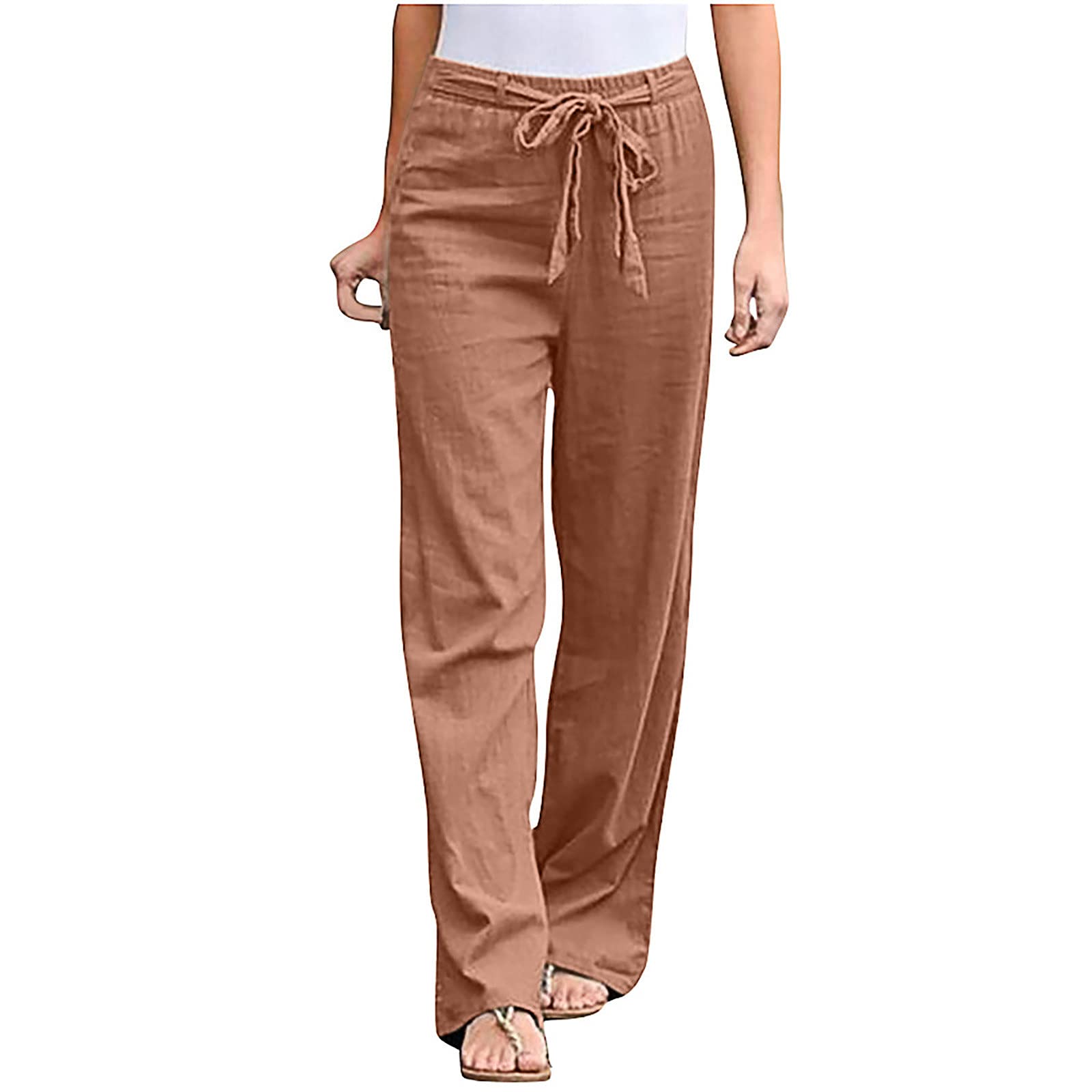 Women's Linen Pants - Solid Color Straight Leg Casual Trousers with Sash | Comfortable Summer Pants for Travel, Beach & Lounge Wear