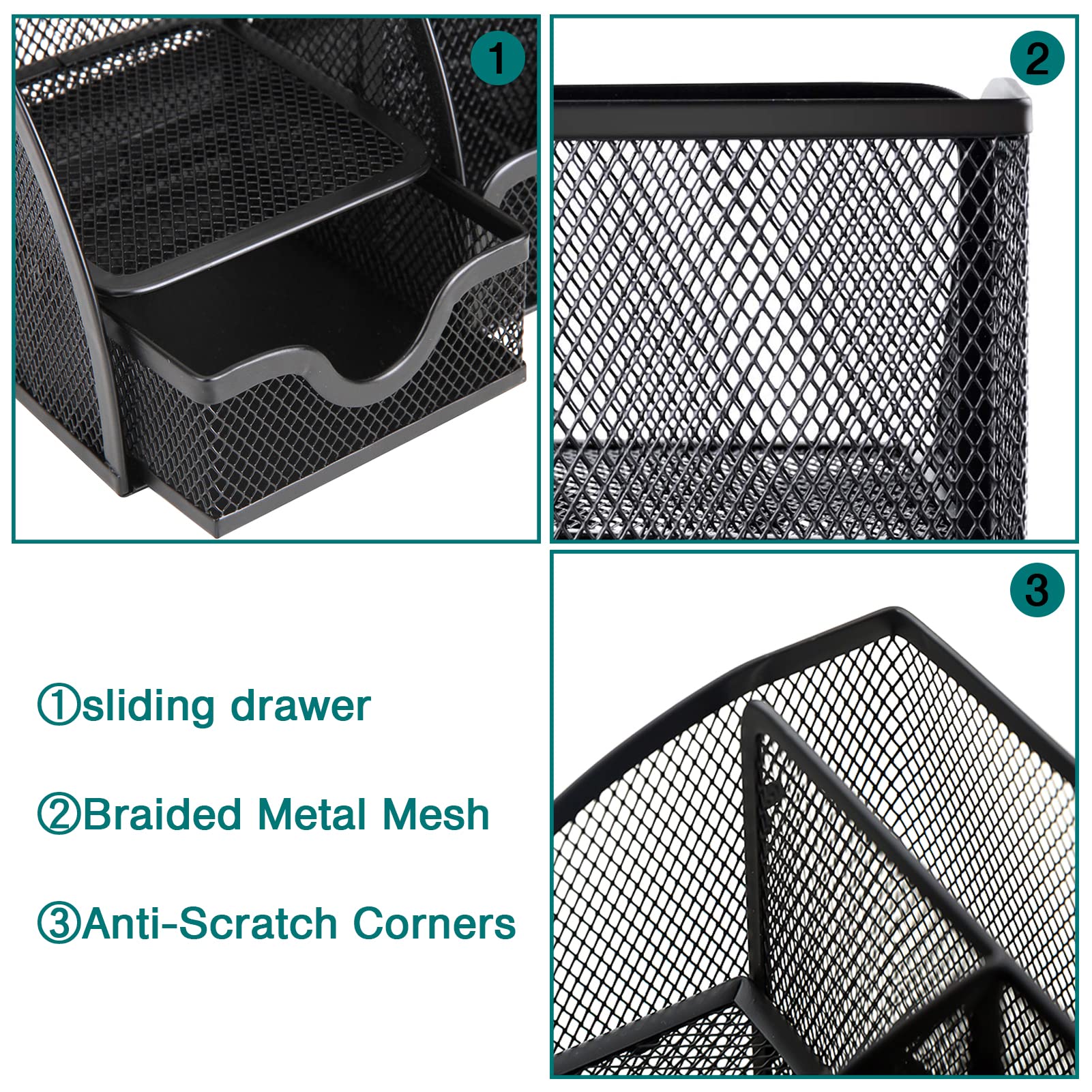 RJOAM Mesh Desk Organizer with Drawer - 6 Compartment Office Supplies Holder for Home, Office, School & Classroom - Black Desktop Organizer Caddy for Pens, Papers, Books & Stationery Storage