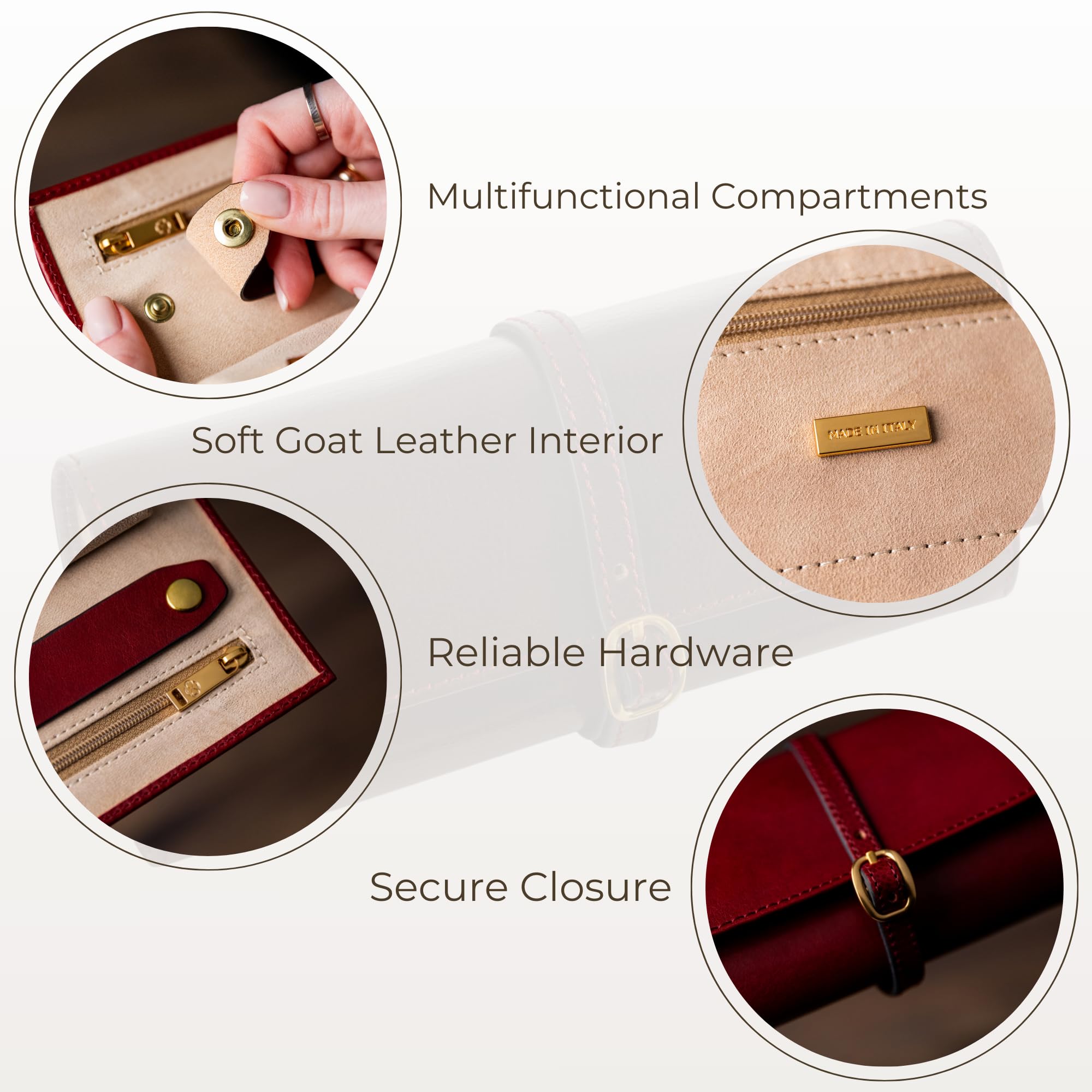 Premium Italian Full Grain Leather Jewelry Roll - Durable Travel Jewelry Organizer Case with Time Resistance - Perfect for Vacation, Business Trips & Daily Jewelry Storage