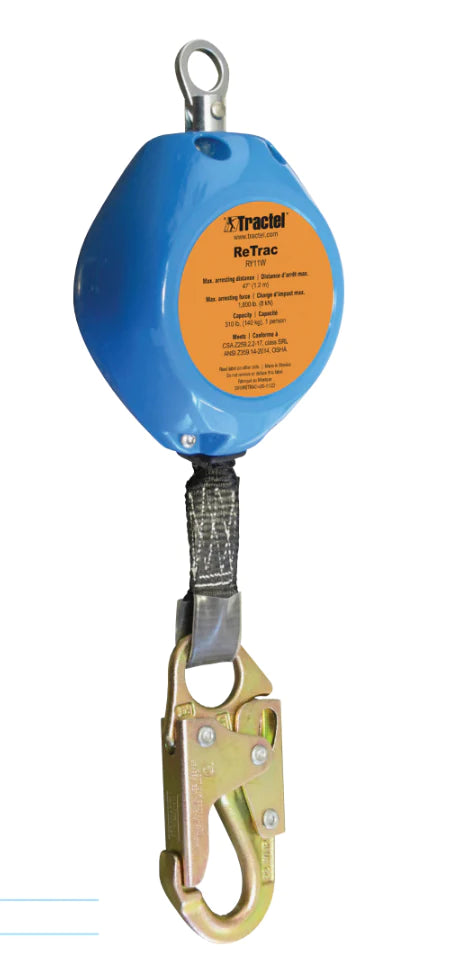 Tractel ReTrac 11ft Web Self Retracting Lifeline with Self Locking Snap Hook - RY11W - Fall Protection Safety Equipment for Roofing, Construction & Industrial Work