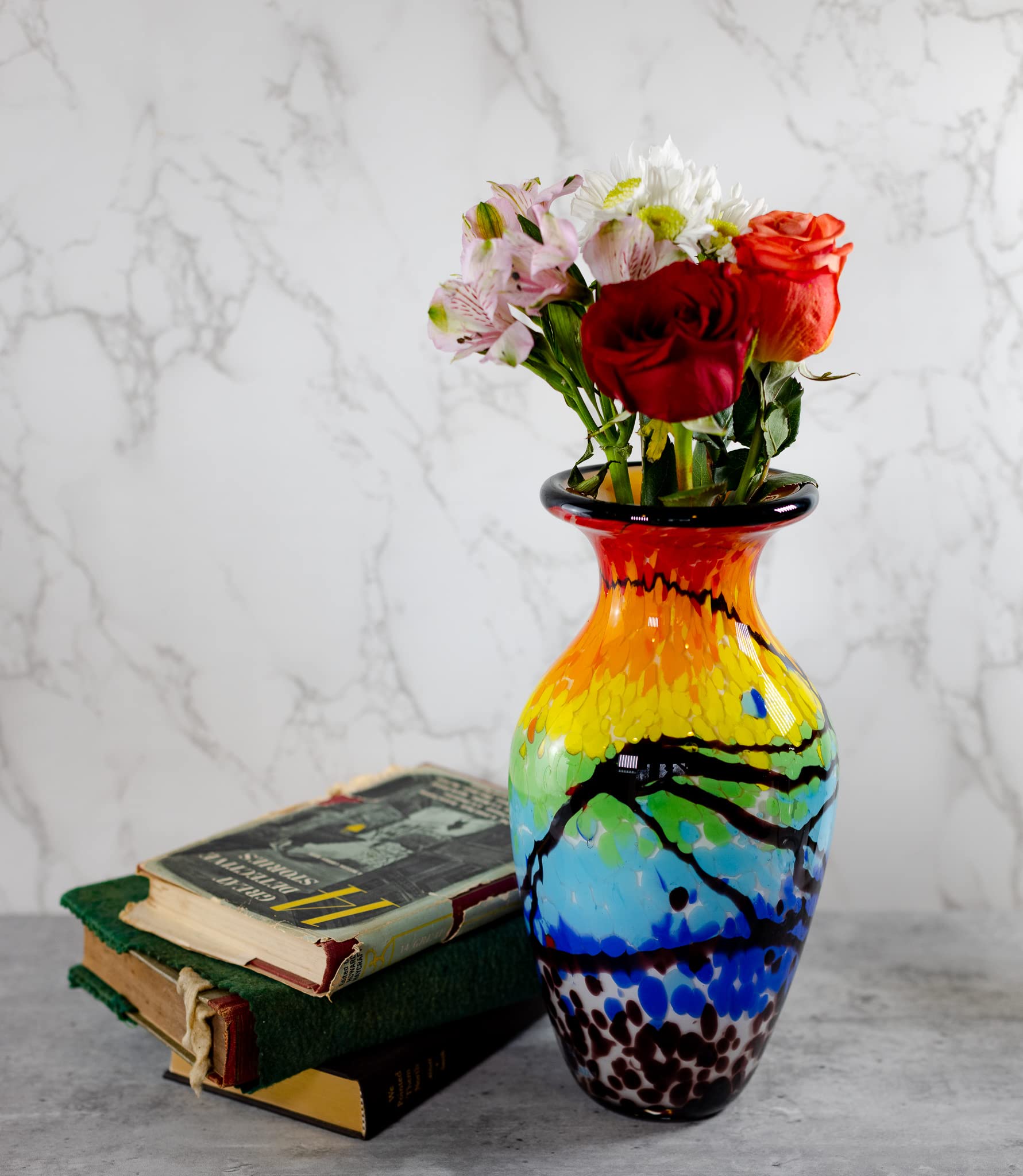Badash Firestorm Murano-Style Glass Vase - 11 Inch Tall Handcrafted Mouth-Blown Art Glass Vase for Home Decor - Elegant Centerpiece for Living Room, Dining Table & Wedding Decorations