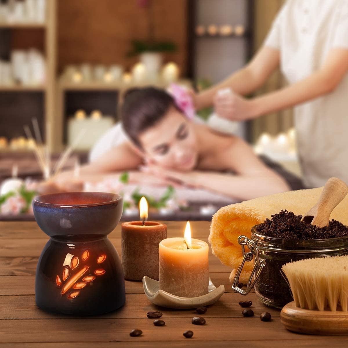Blue Ceramic Essential Oil Burner with Classic Leaf Carving - Aromatherapy Diffuser, Tea Light Candle Holder & Wax Melter for Home Fragrance - Perfect for Living Room Decor, Balcony Relaxation & Garden Ambience