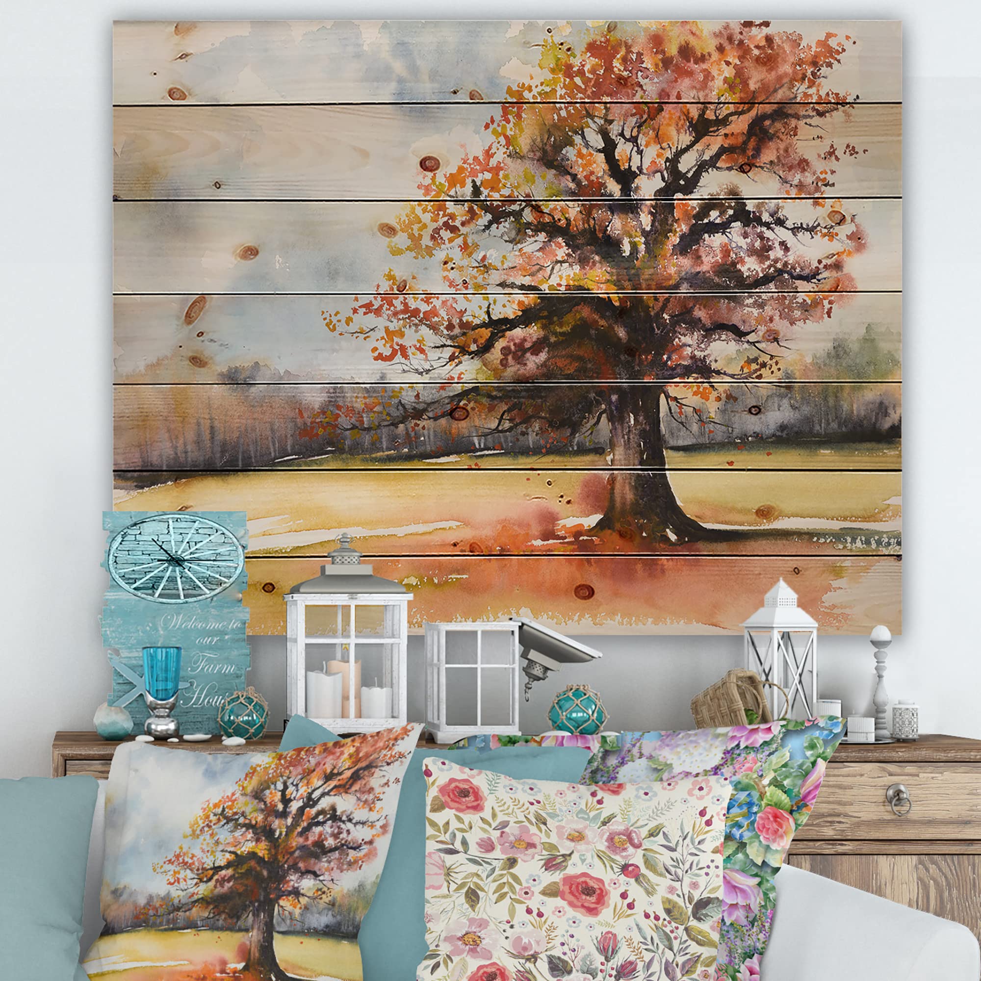 Lone Oak in the Fields with Autumn Leaves - Traditional Wood Wall Art Decor, Orange Landscape Wood Panel, Large Pine Wood Wall Hanging for Living Room, Bedroom & Office Decor