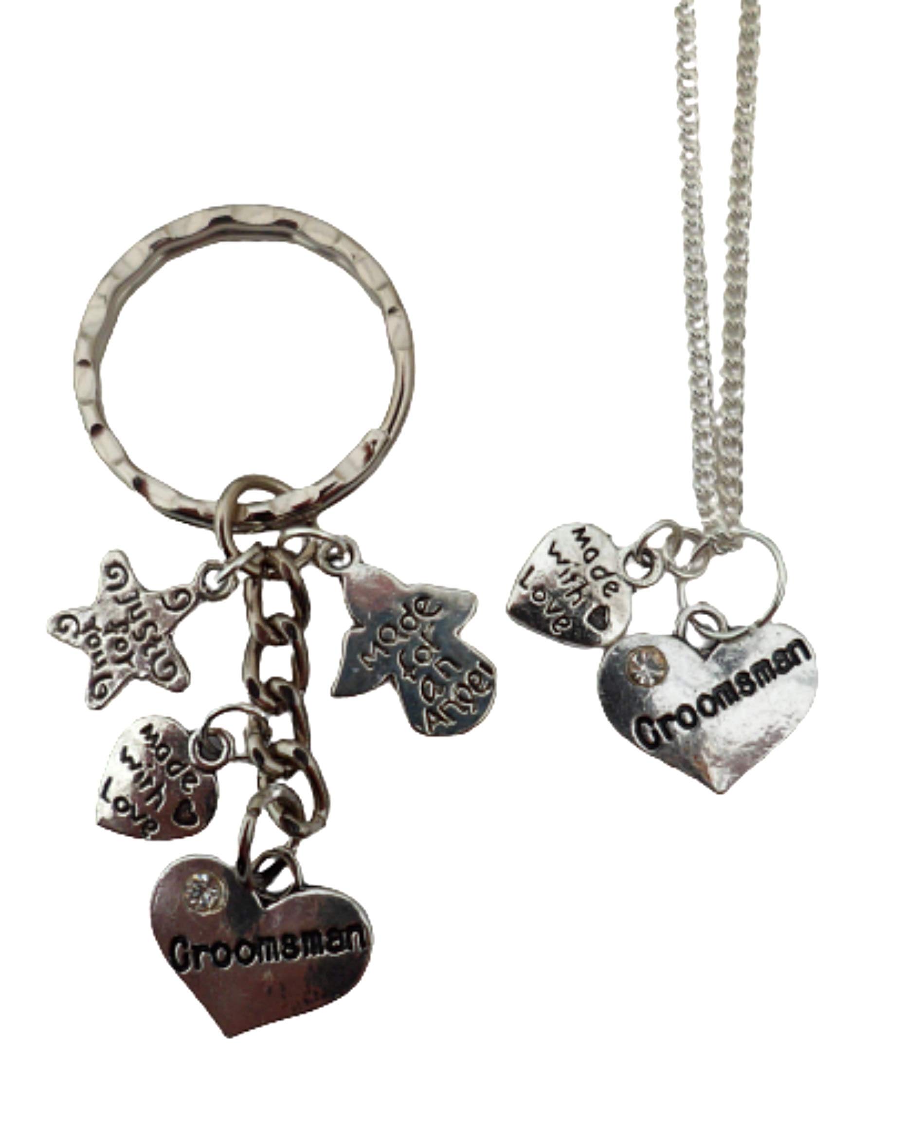Silver Plated Necklace & Keyring Set - Heart Charm for Groomsmen & Gifts
