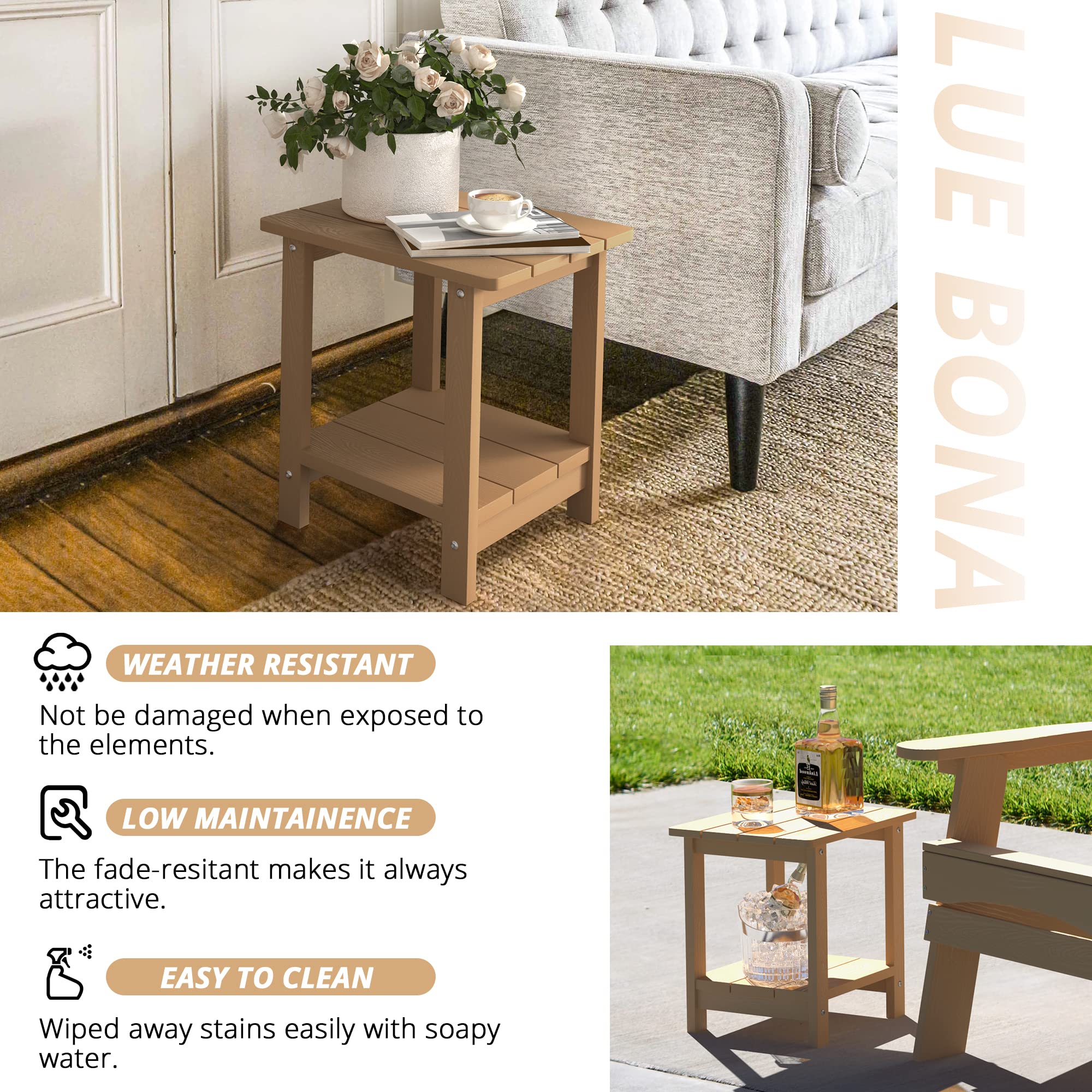 LUE BONA 2-Tier Brown HDPS Adirondack Outdoor Side Table - Weather Resistant Patio End Table for Garden, Pool, Porch & Deck - Perfect for Outdoor Relaxation & Entertaining