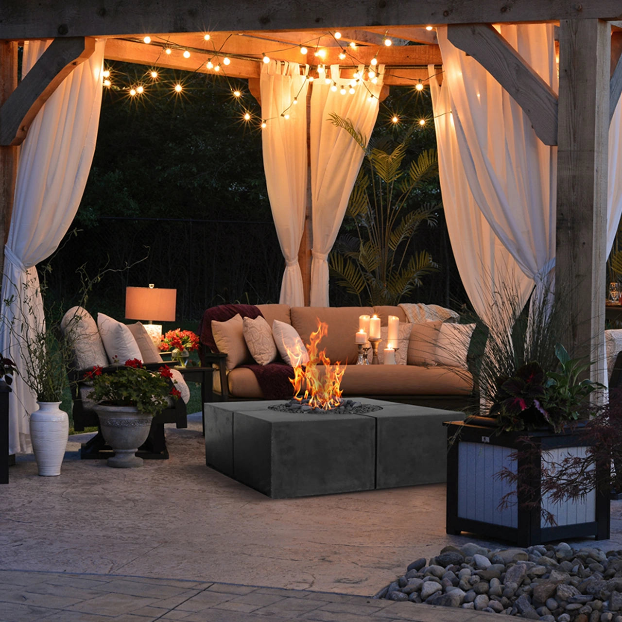 Bloq Square Fire Pit Table - Outdoor Gas Fire Pit with Lava Rocks, Perfect for Patio, Backyard, and Garden Gatherings