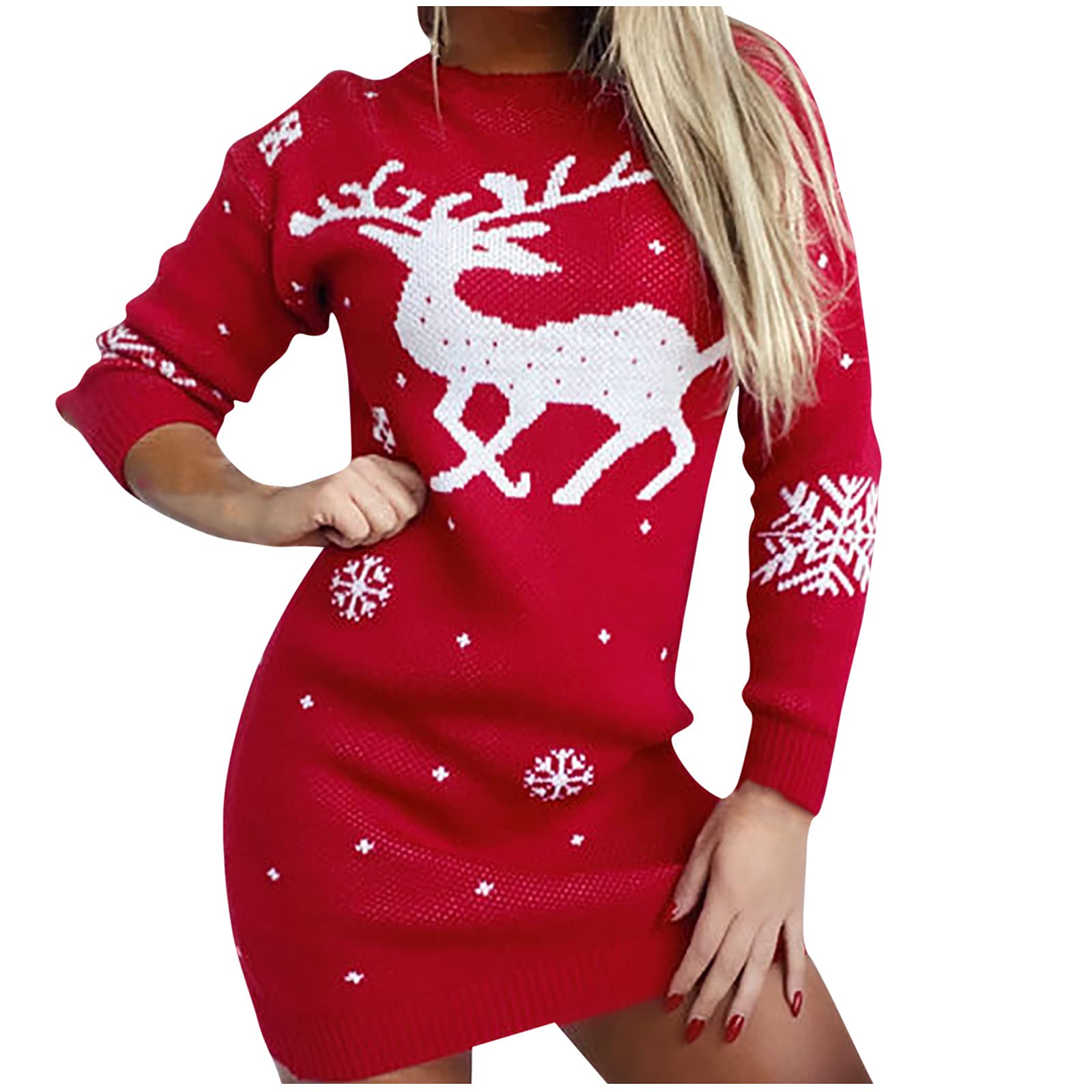 Women's Christmas Sweater Dress - Round Neck Long Sleeve Mini Dress with Reindeer & Snowflake Print | Sexy Casual Holiday Party Shirt Dress for Xmas, Office Party & Winter Gatherings