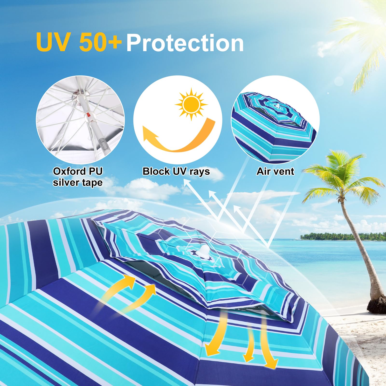 Premium Heavy Duty 7FT Beach Umbrella with Sand Anchor & Carry Bag - Windproof Portable Sun Shade with UV 50+ Protection - Perfect for Beach, Poolside, Picnics, and Outdoor Travel