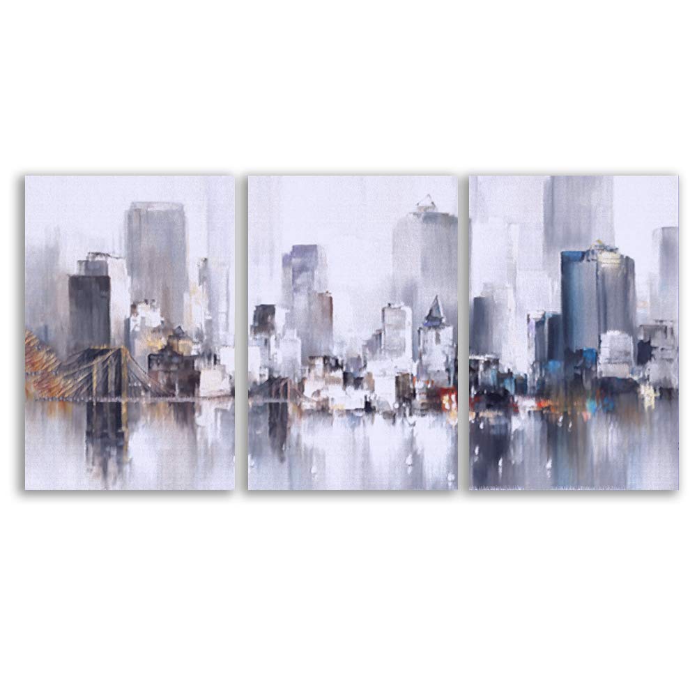 Wall26 - 3 Panel Abstract City Skyline Canvas Wall Art - Modern Oil Painting for Living Room & Bedroom - Stretched & Framed Ready to Hang - 24