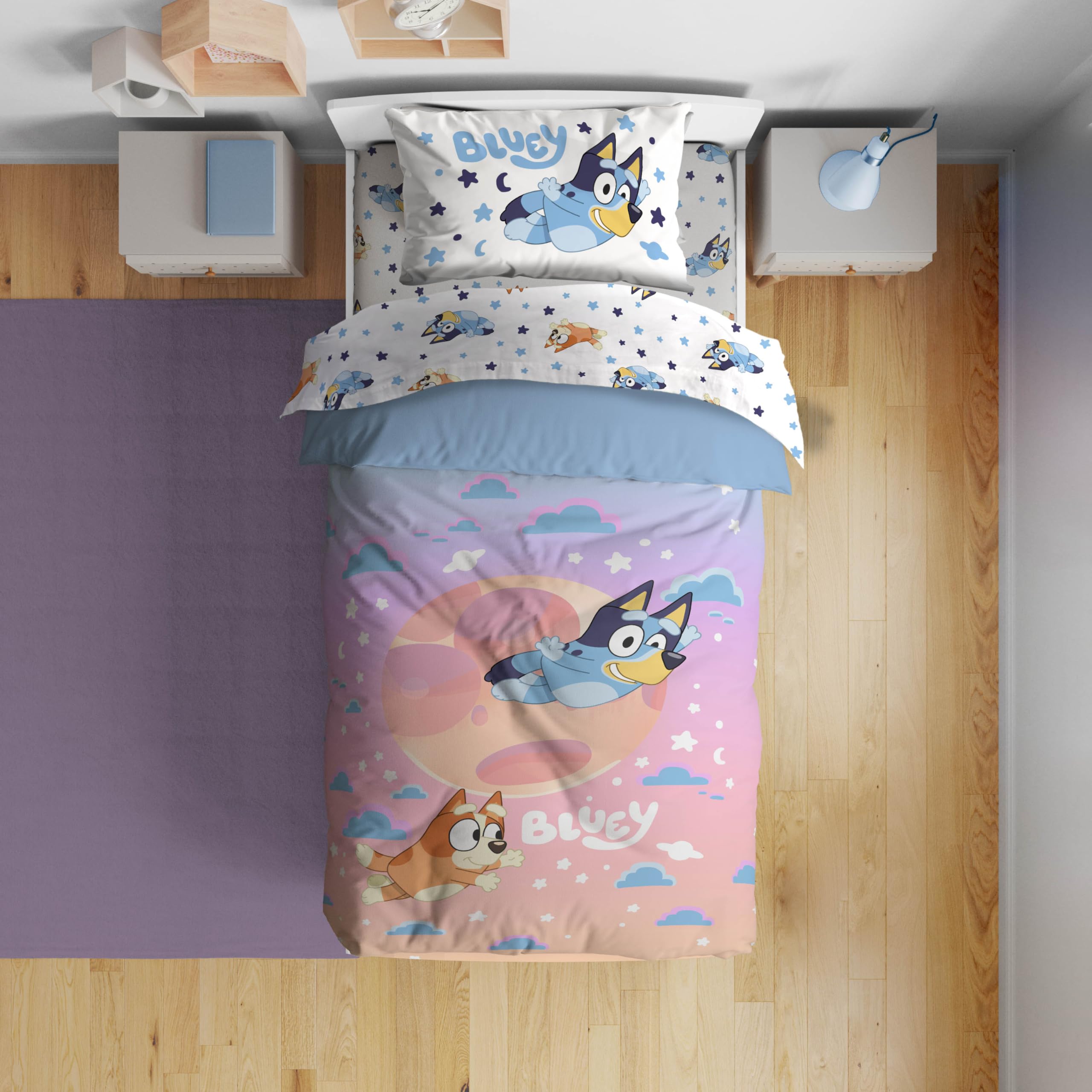 Jay Franco Bluey & Bingo 7-Piece Kids Comforter Set - Super Soft Clouds & Stars Bedding Includes Sheet Set & Pillow Covers - Perfect for Boys & Girls Bedrooms, Sleepovers & Nursery Decor