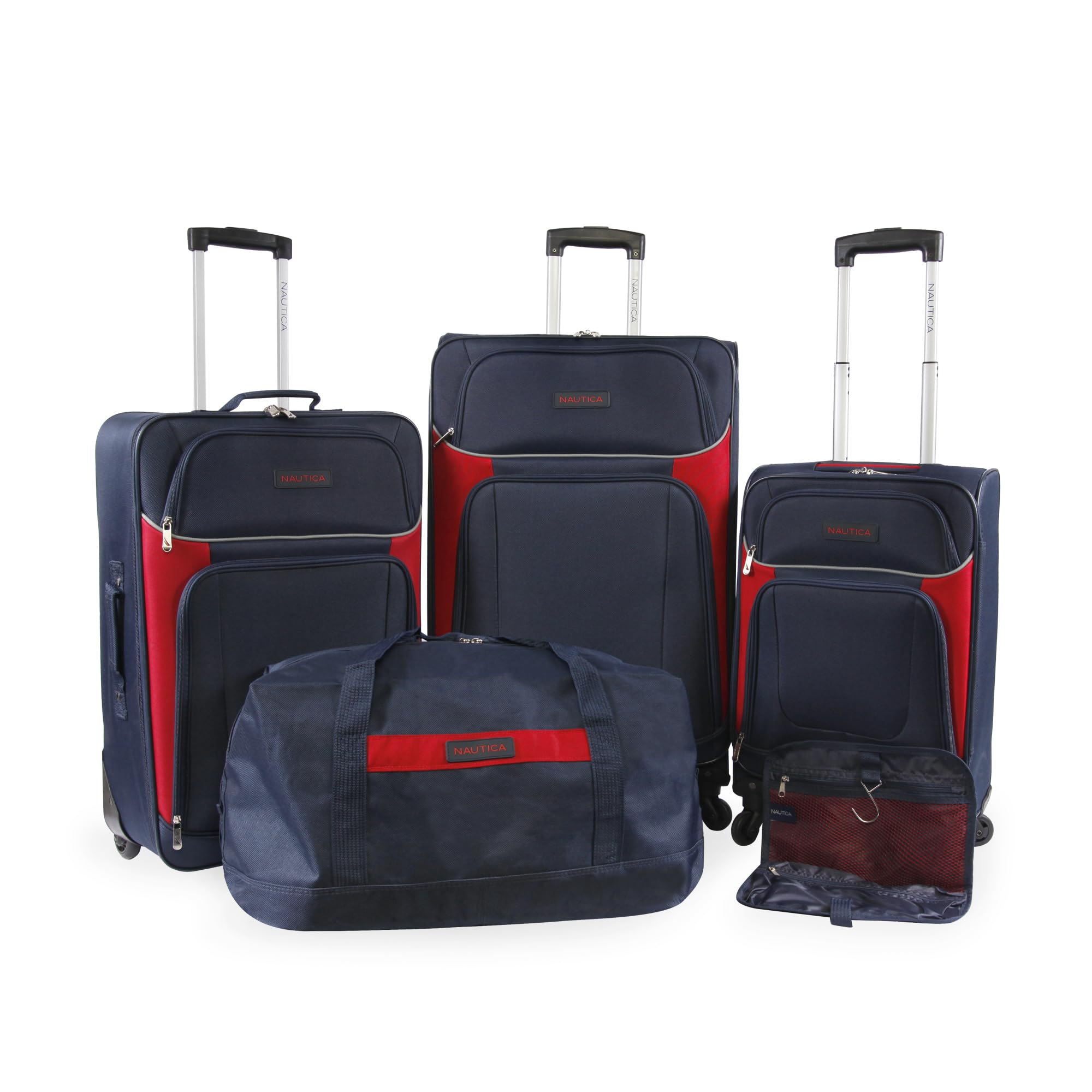 NAUTICA Oceanview 5-Piece Softside Luggage Set in Navy & Red - Lightweight Spinner Suitcase for Travel, Vacation & Business Trips
