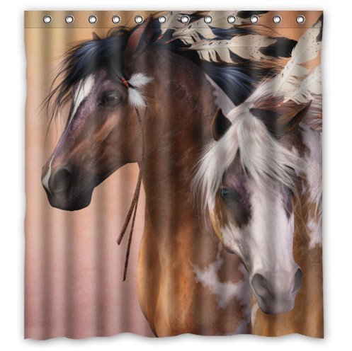 Native American Indian Horses Waterproof Fabric Shower Curtain - 48x72 Inch Bathroom Decor with Crystal Emotion Design | Perfect for Boho, Western & Southwestern Style Bathrooms