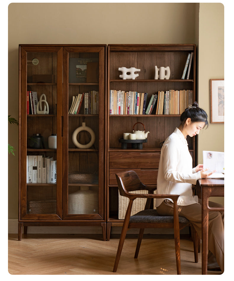 Premium Black Walnut & Ash Solid Wood Bookcase with Dust-Proof Glass Doors - Stylish Home Office & Living Room Storage Solution