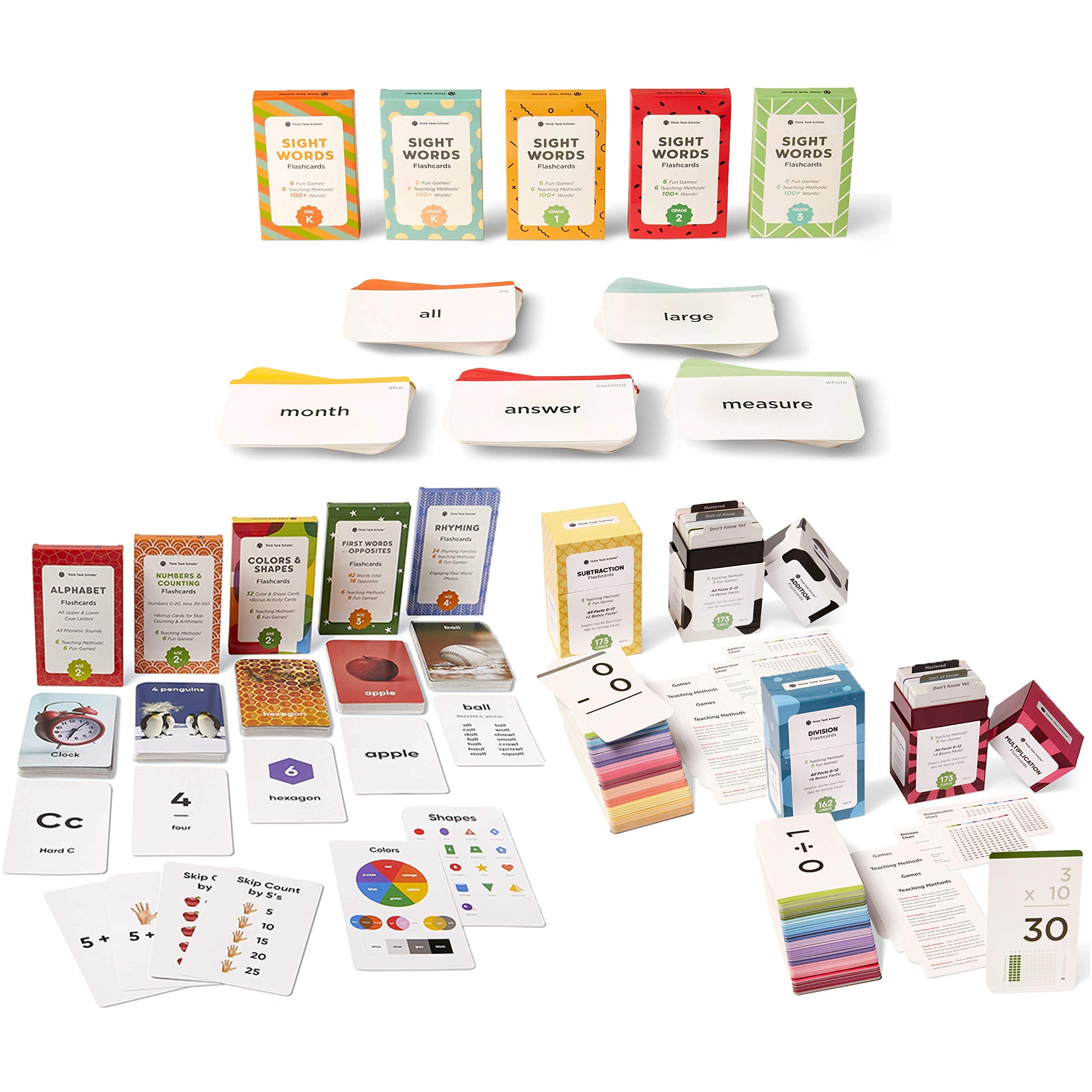 Think Tank Scholar 523 Sight Words & 681 Math Flash Cards Set - Addition, Subtraction, Multiplication, Division + 180 Preschool Learning Cards for Kids Ages 3-9 | Homeschool & Classroom Educational Games for Reading & Math Practice