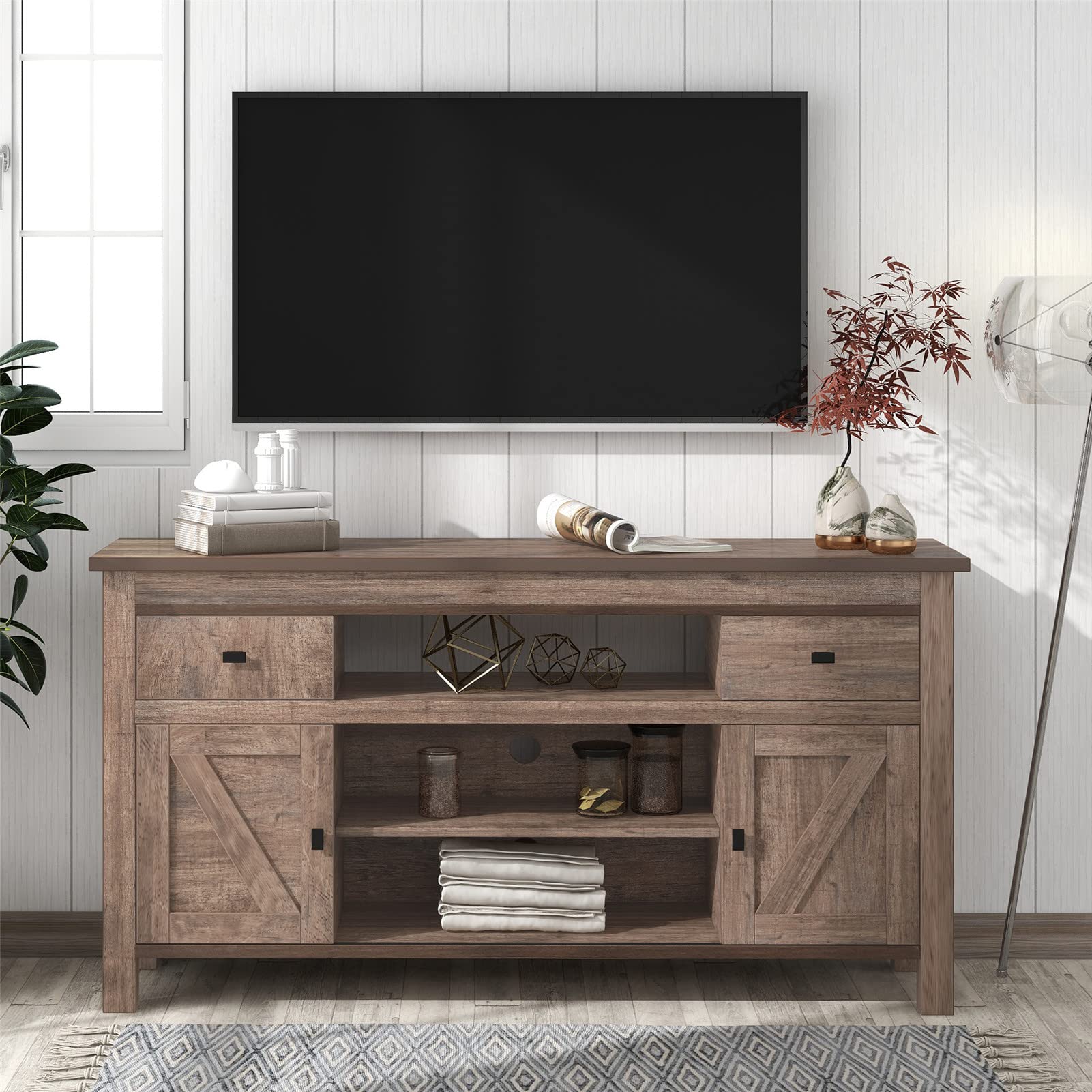 Modern Stylish Functional Particleboard TV Stand with 2 Drawers, Open Shelves & Sliding Doors - Adjustable Shelf for Living Room, Bedroom Entertainment Center (Antique Grey) - Perfect for Organizing Media Devices & Home Decor