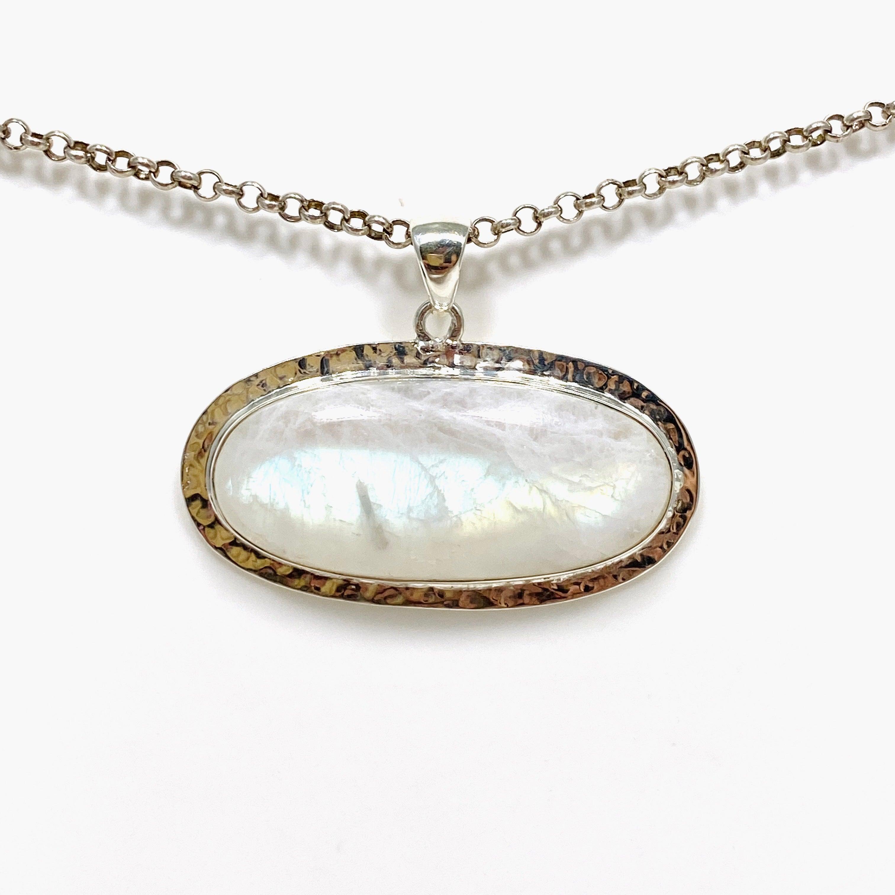 Moonstone Oval Pendant Necklace with Hammered Sterling Silver Setting KPGJ4242 - Elegant Boho Jewelry for Women, Perfect for Weddings & Special Occasions
