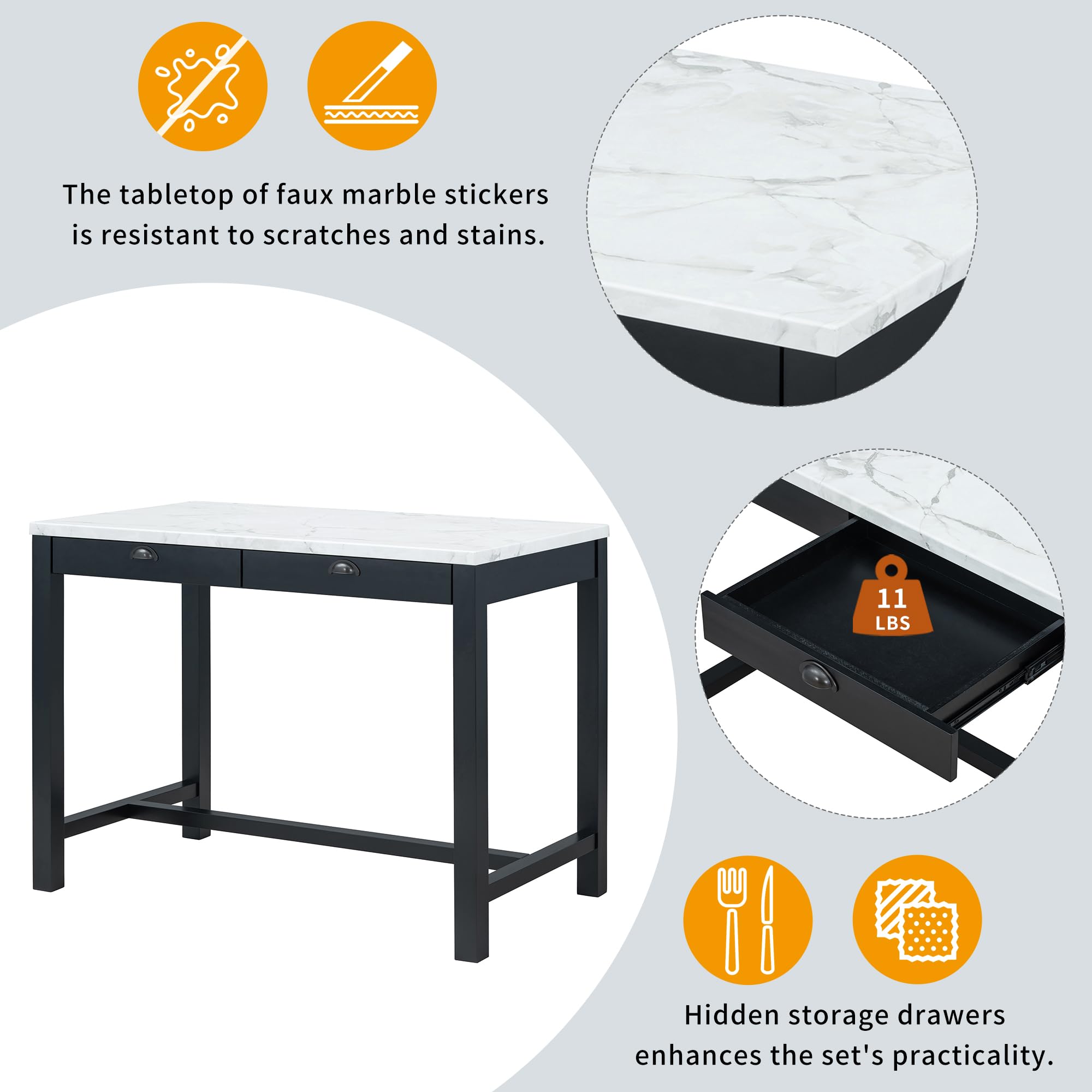 P PURLOVE 5-Piece Dining Table Set with Storage Drawers, Faux Marble Kitchen Island & 4 Padded Stools - Space-Saving Breakfast Nook Set for Small Kitchens, Apartments & Dining Areas