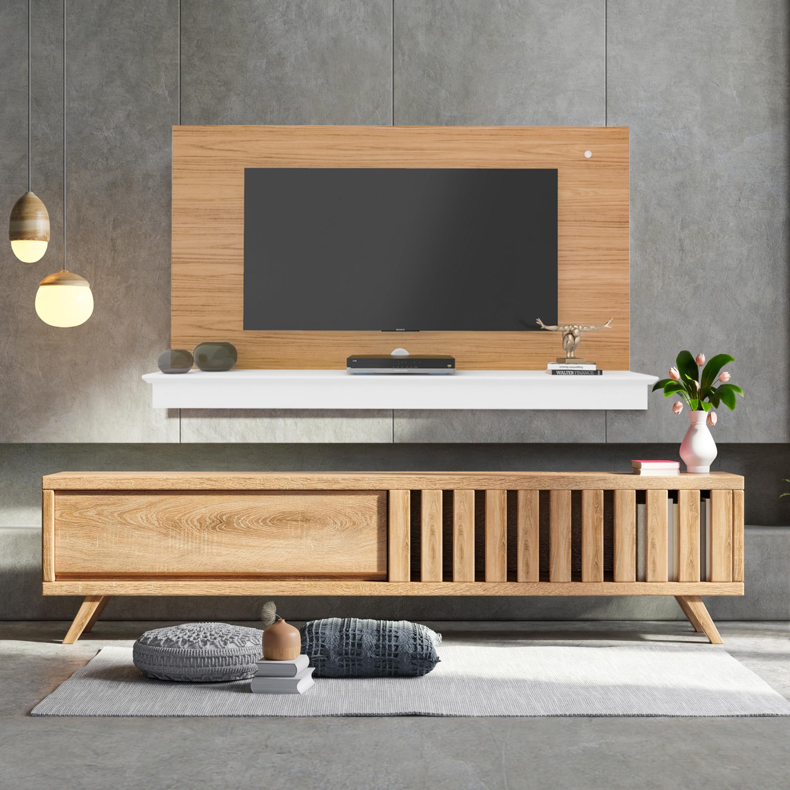 Naomi Home Deborah Floating TV Stand for 55 Inch TVs - Wall Mount Entertainment Center with LED Lights & Storage Shelf - Modern White & Natural Wood Finish - Perfect for Living Room, Bedroom & Home Theater Setup