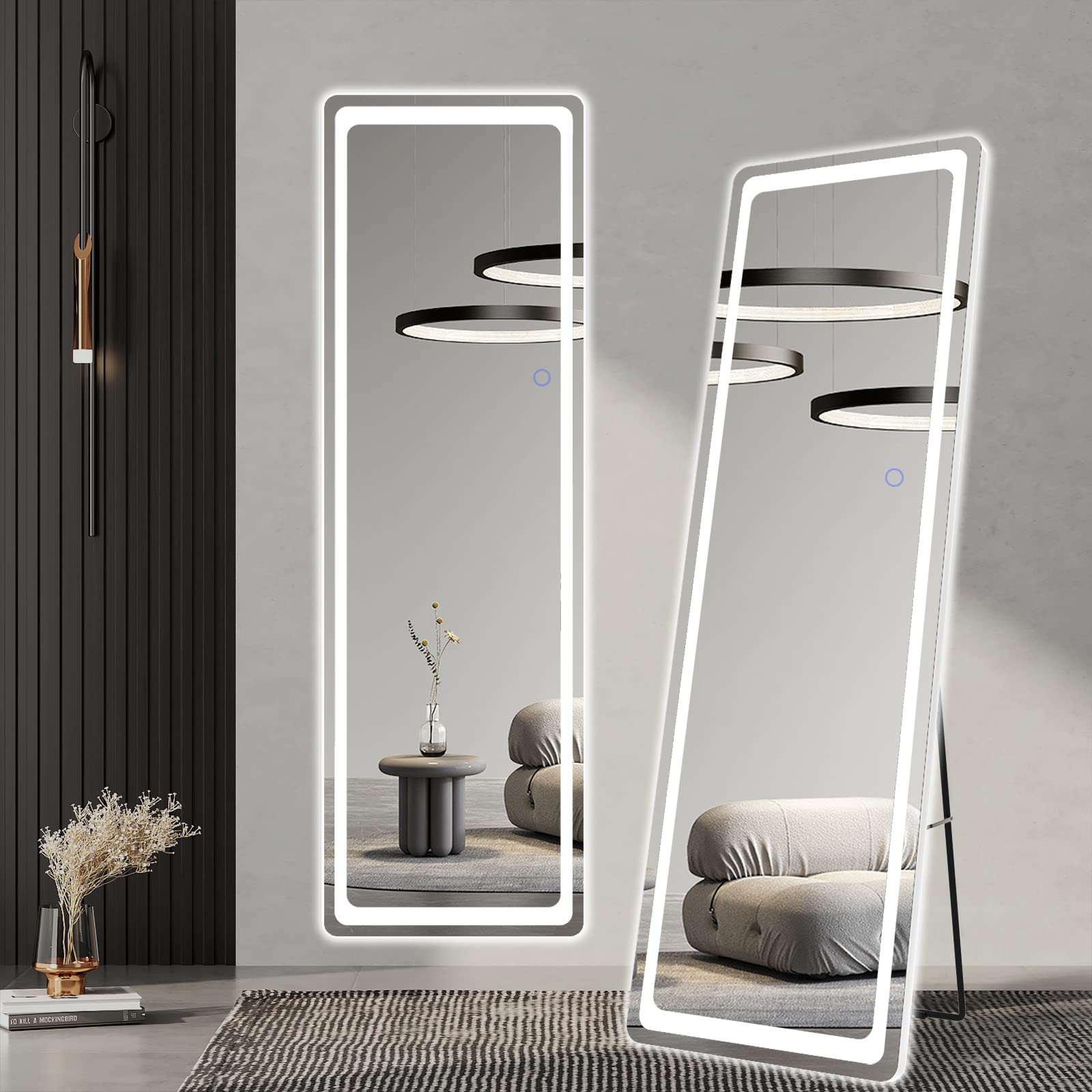 Wetech 63x20 Inch LED Full Length Mirror with Lights - Adjustable Dimming & 3 Color Modes, Freestanding or Wall Leaning Floor Mirror for Bedroom, Dressing Room, Gym, and Home Decor (White)