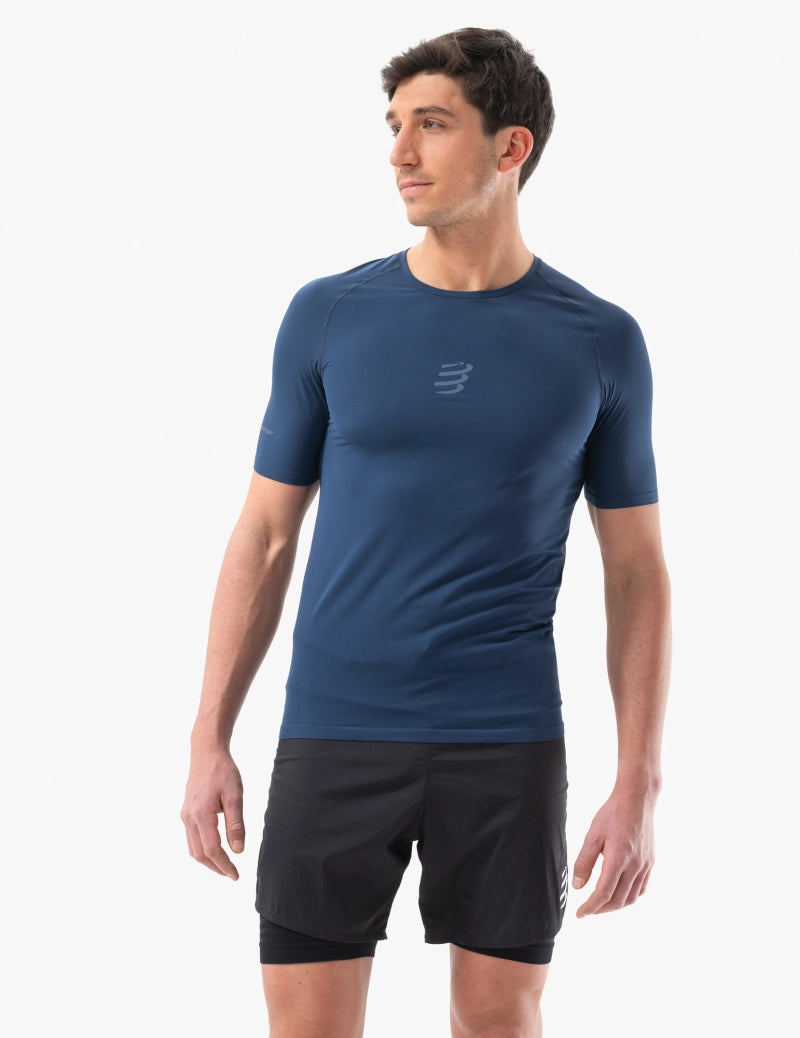 Compressport Men's Trail Running Short Sleeve T-Shirt - Lightweight Performance Shirt for Hiking, Trail Racing & Outdoor Adventures - Blue