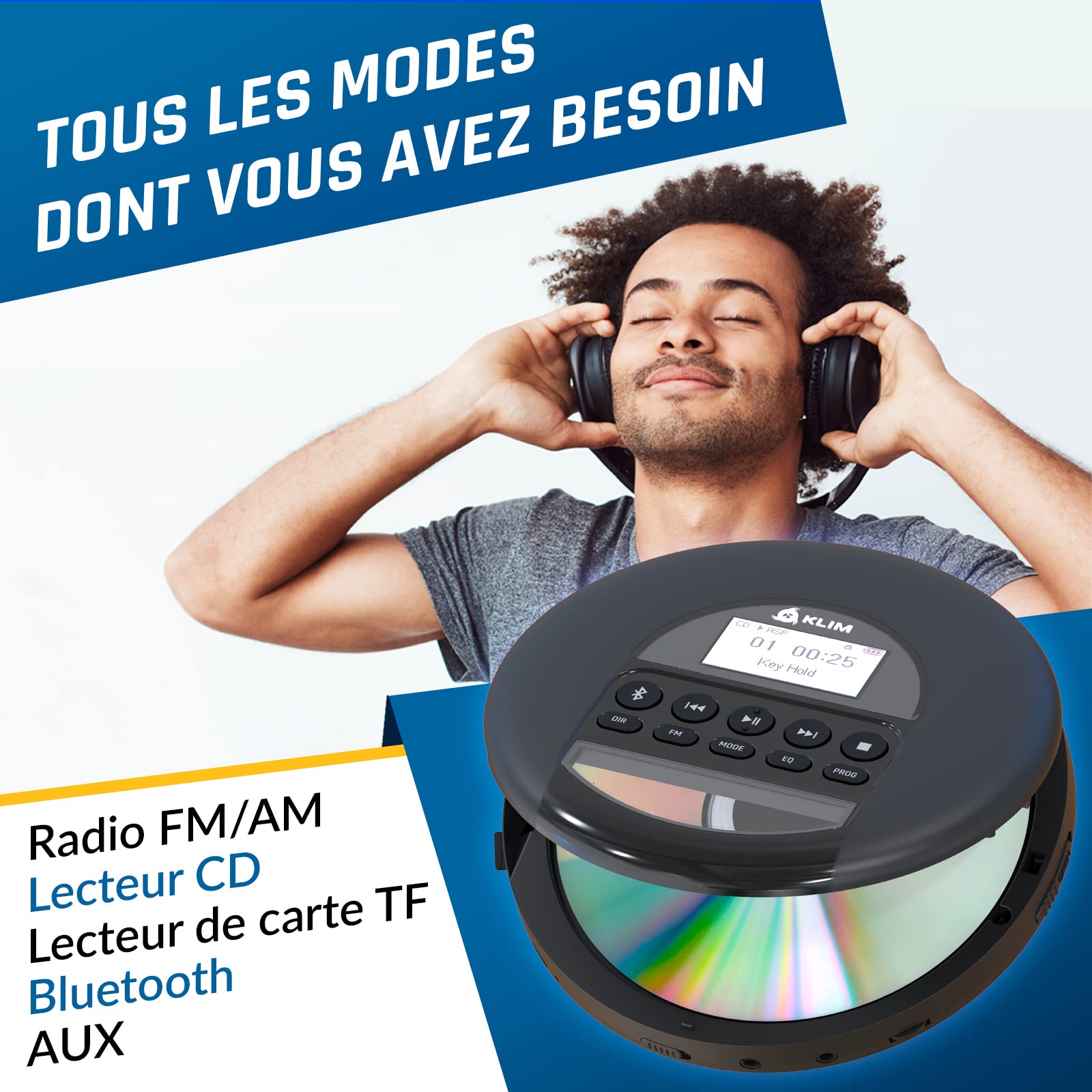 KLIM Nomad Portable CD Player with Built-in Long-Lasting Battery - Bluetooth CD Walkman for Car, Home & Outdoor Use - Compatible with CD-R, CD-RW & MP3 - Includes Headphones (Black, 2024 New Model) | Perfect for Commuting, Travel, Home Entertainment & Outdoor Activities
