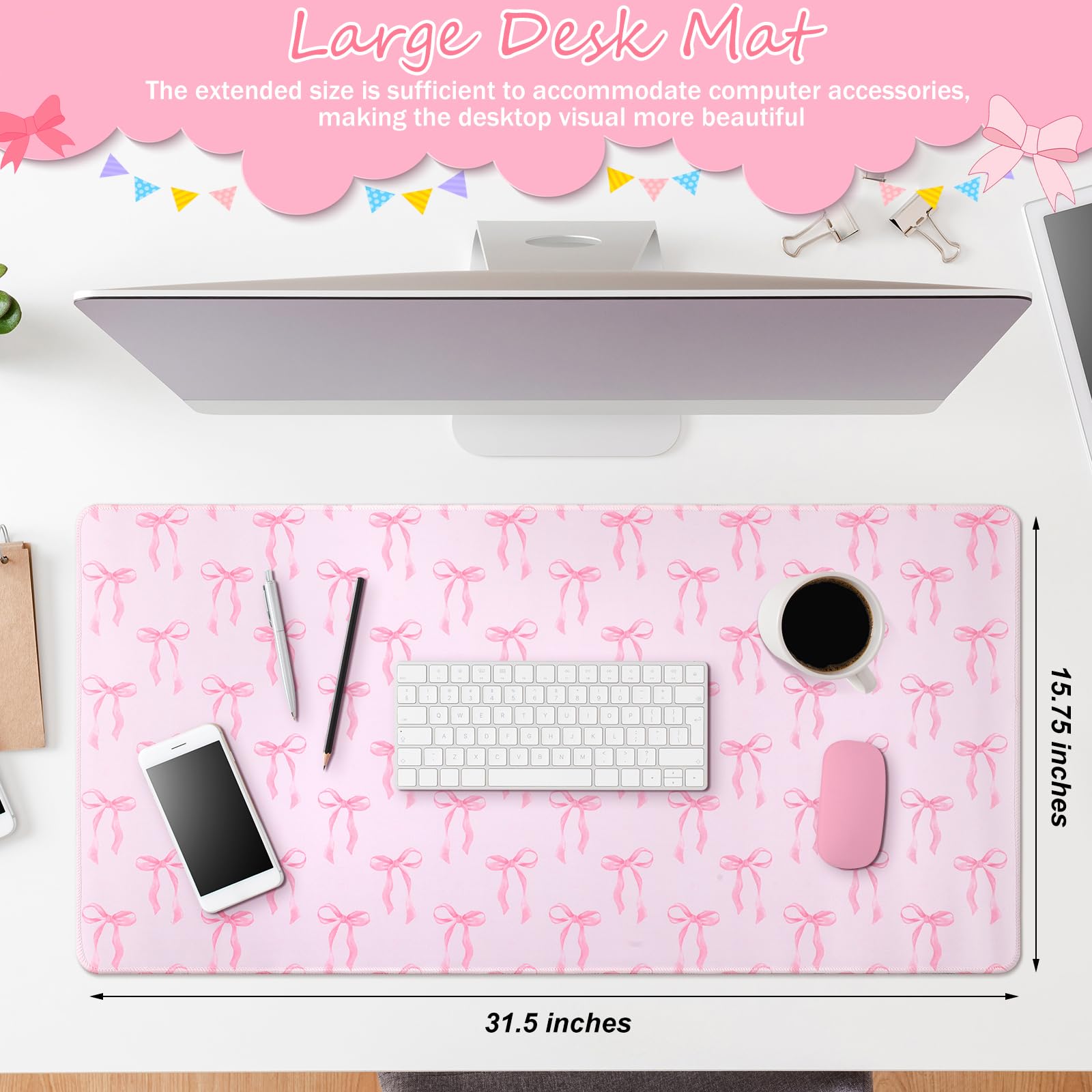 Large Pink Bows Mouse Pad - Coquette Kawaii Computer Desk Mat (31.5