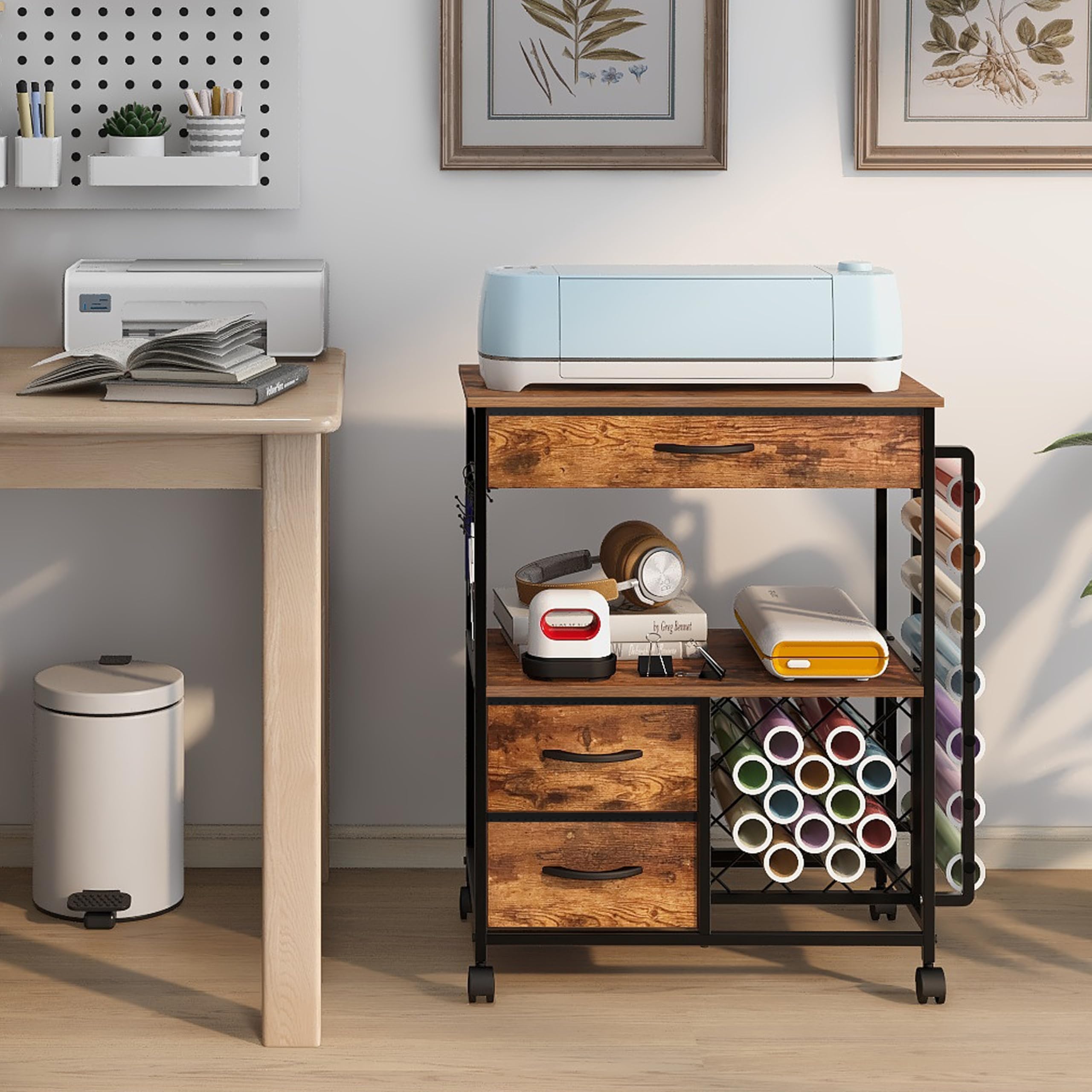 Storage Cart for Cricut Machines - Rolling Craft Cabinet with Drawers & Vinyl Roll Holder - Rustic Brown Cutting Machine Stand - Perfect for Craft Workstations, Scrapbooking & DIY Projects