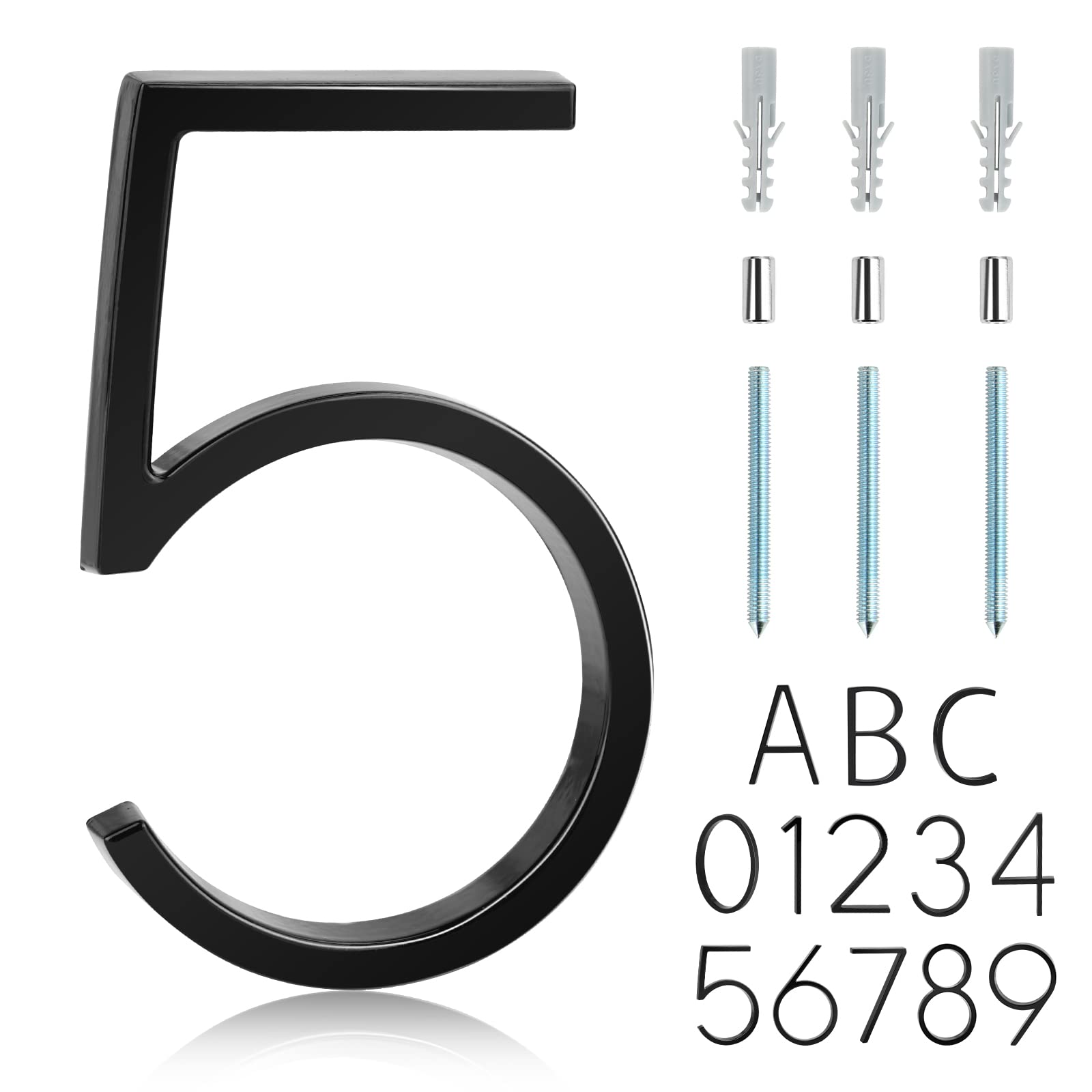 5 Inch Modern Floating House Numbers - Black Floating Mount Address Plaque for Outdoor Home Decor (FIVE) - Perfect for Mailbox, Front Door, and Garden Display