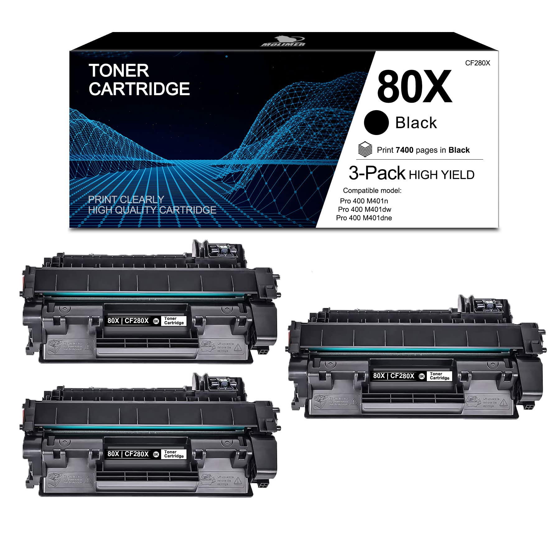 MOLIMER 3-Pack Black Toner Cartridge Replacement for HP Pro 400 M401n M401dw M401dn Printers | High-Yield 7,400 Pages | Compatible with CF280X & 80X Toners | Perfect for Office & Home Printing Needs