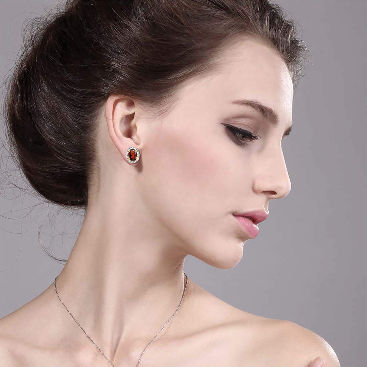 18K Yellow Gold Plated Silver Oval Red Garnet Stud Earrings for Women | Gem Stone King | Elegant Removable Jacket Earrings for Parties, Weddings & Everyday Wear